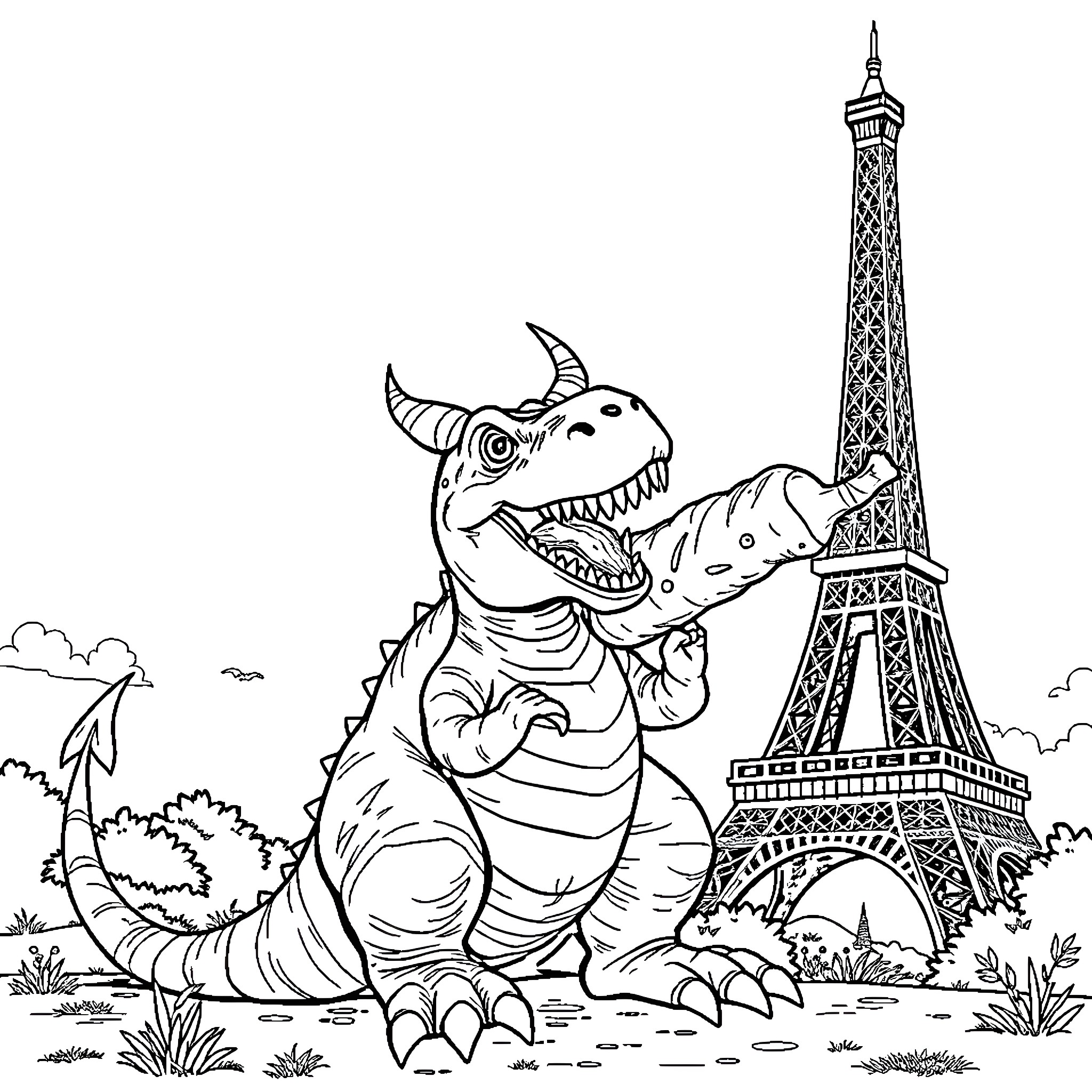 Devil Dinosaur Roams in Front of Eiffel Tower Coloring Page (free black-and-white line drawing printable PDF for all, from beginners to advanced learners, including children, teens, adults, and seniors)