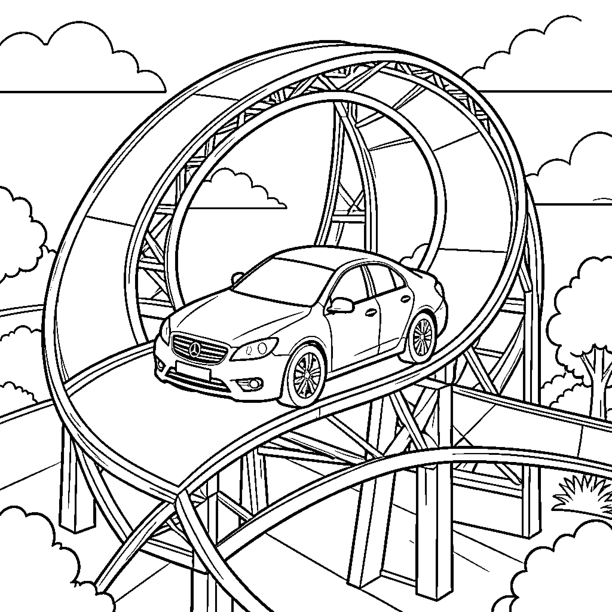 Car driving on a thrilling roller coaster track Coloring Page (free black-and-white line drawing printable PDF for all, from beginners to advanced learners, including children, teens, adults, and seniors)