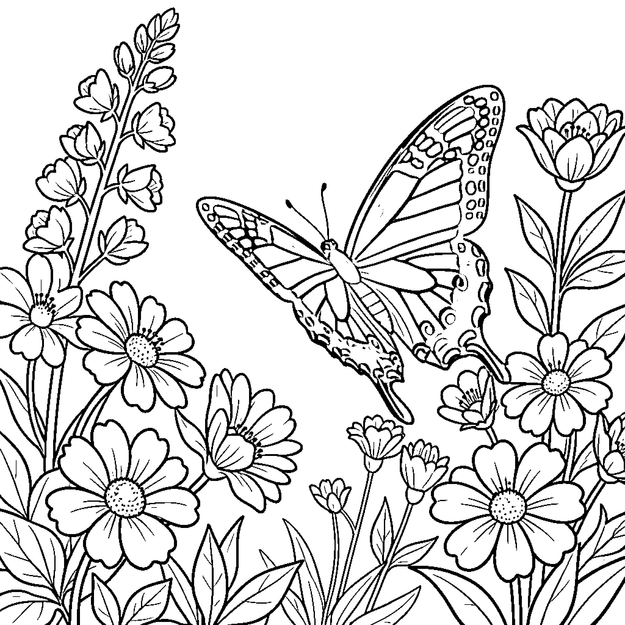 Butterfly surrounded by blooming flowers Coloring Page (free black-and-white line drawing printable PDF for all, from beginners to advanced learners, including children, teens, adults, and seniors)