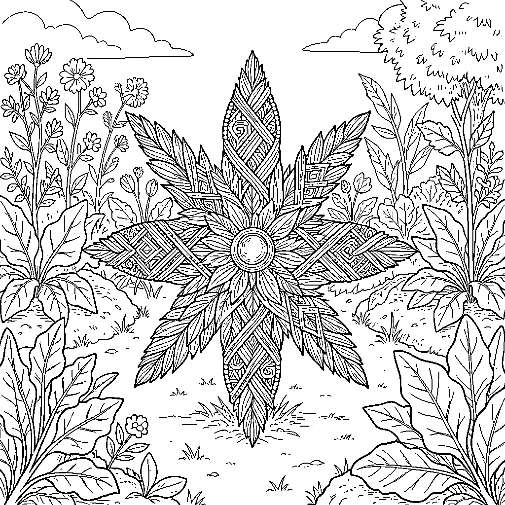 Amazigh Symbol amidst a lush garden of flowers Coloring Page (free black-and-white line drawing printable PDF for all, from beginners to advanced learners, including children, teens, adults, and seniors)