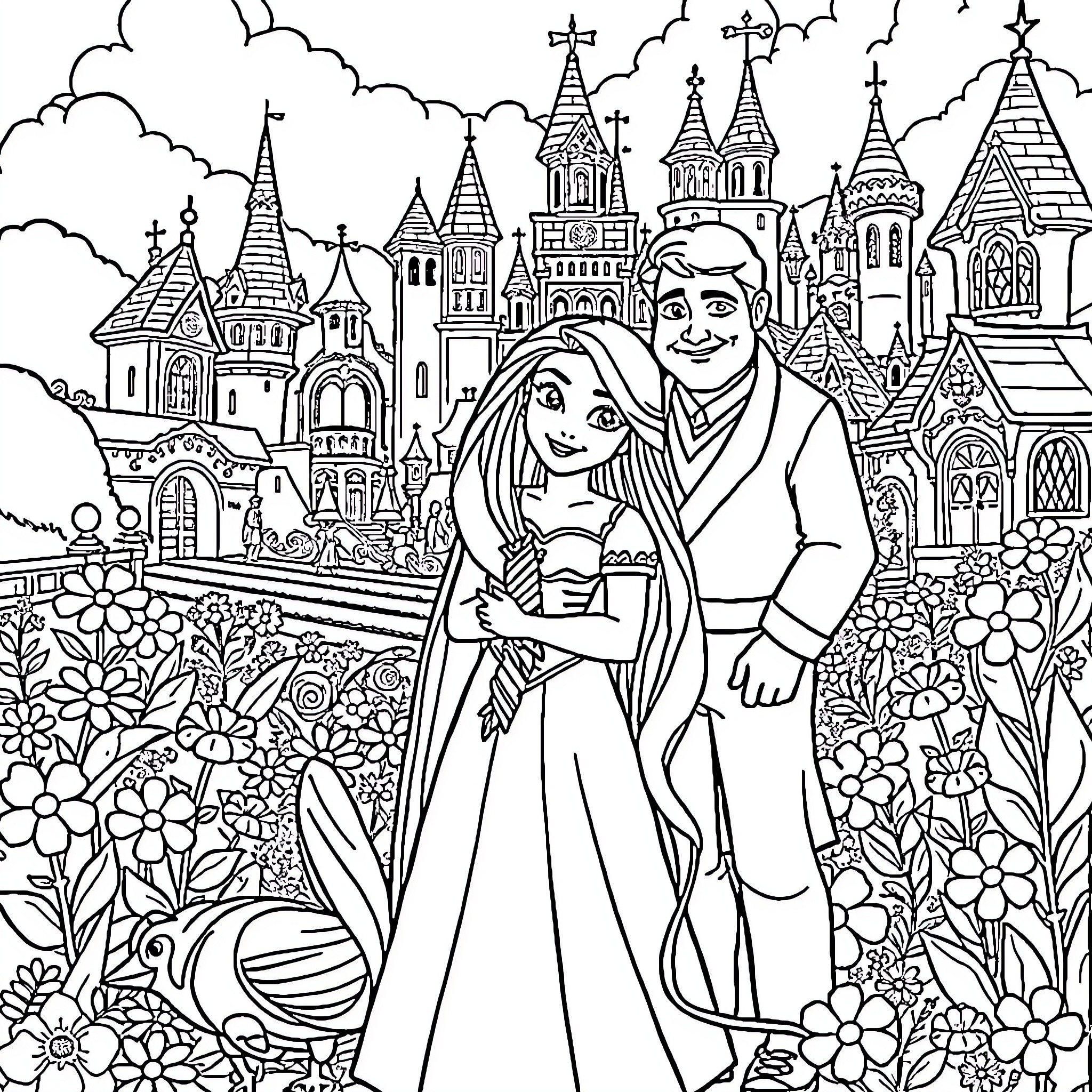 Rapunzel and Prince Charming in a Magical Castle Garden Coloring Page (free black-and-white line drawing printable PDF for all, from beginners to advanced learners, including children, teens, adults, and seniors)