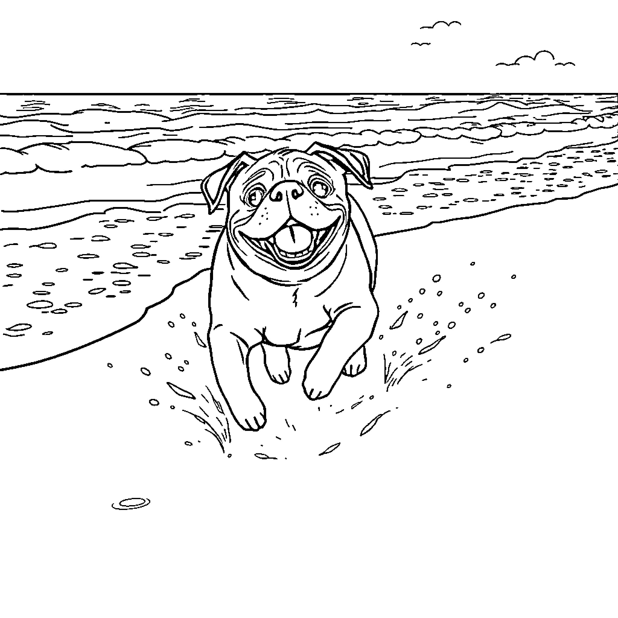 Pug playing joyfully on the beach Coloring Page (free black-and-white line drawing printable PDF for all, from beginners to advanced learners, including children, teens, adults, and seniors)