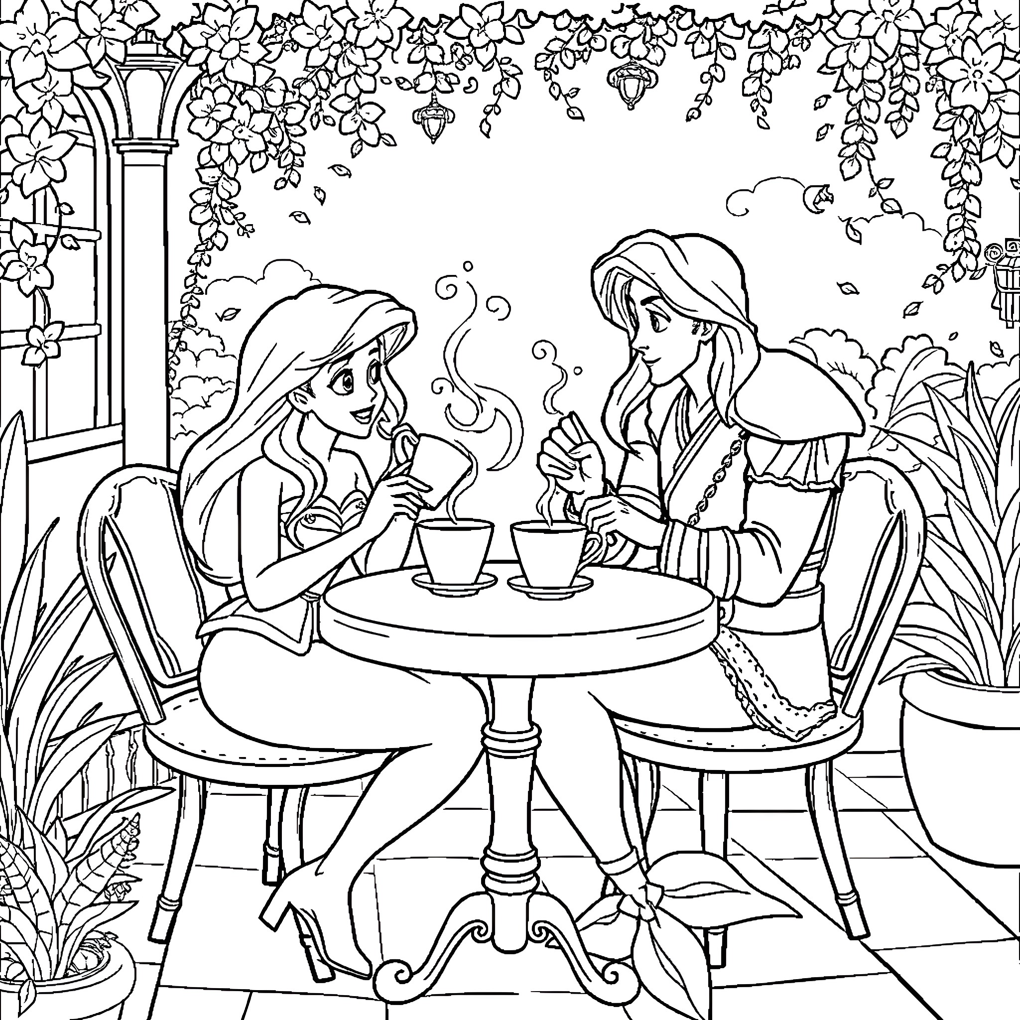 Ariel Enjoying a Cozy Outdoor Gathering Coloring Page (free black-and-white line drawing printable PDF for all, from beginners to advanced learners, including children, teens, adults, and seniors)