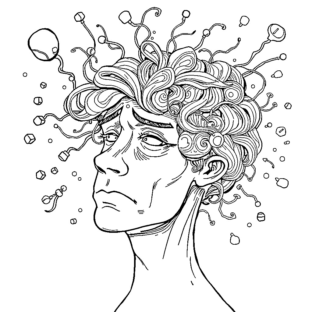 Brainrot: Abstract Portrait of a Troubled Mind Coloring Page (free black-and-white line drawing printable PDF for all, from beginners to advanced learners, including children, teens, adults, and seniors)