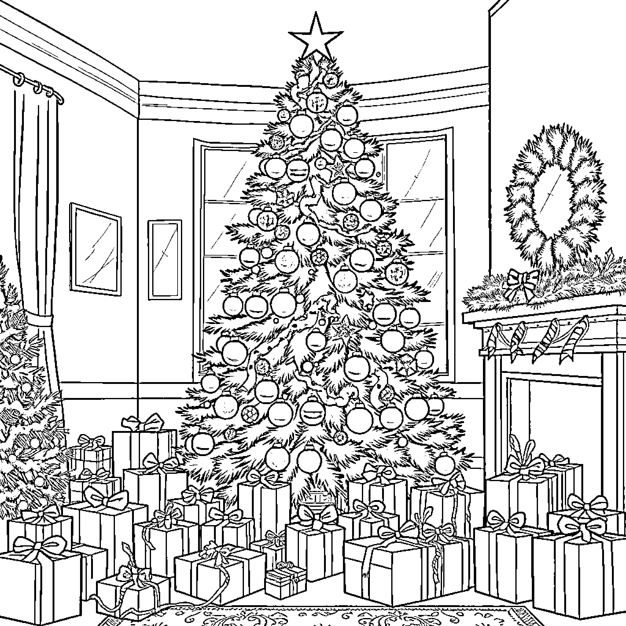 Christmas Tree Decorations and Gifts in Festive Room Coloring Page (free black-and-white line drawing printable PDF for all, from beginners to advanced learners, including children, teens, adults, and seniors)