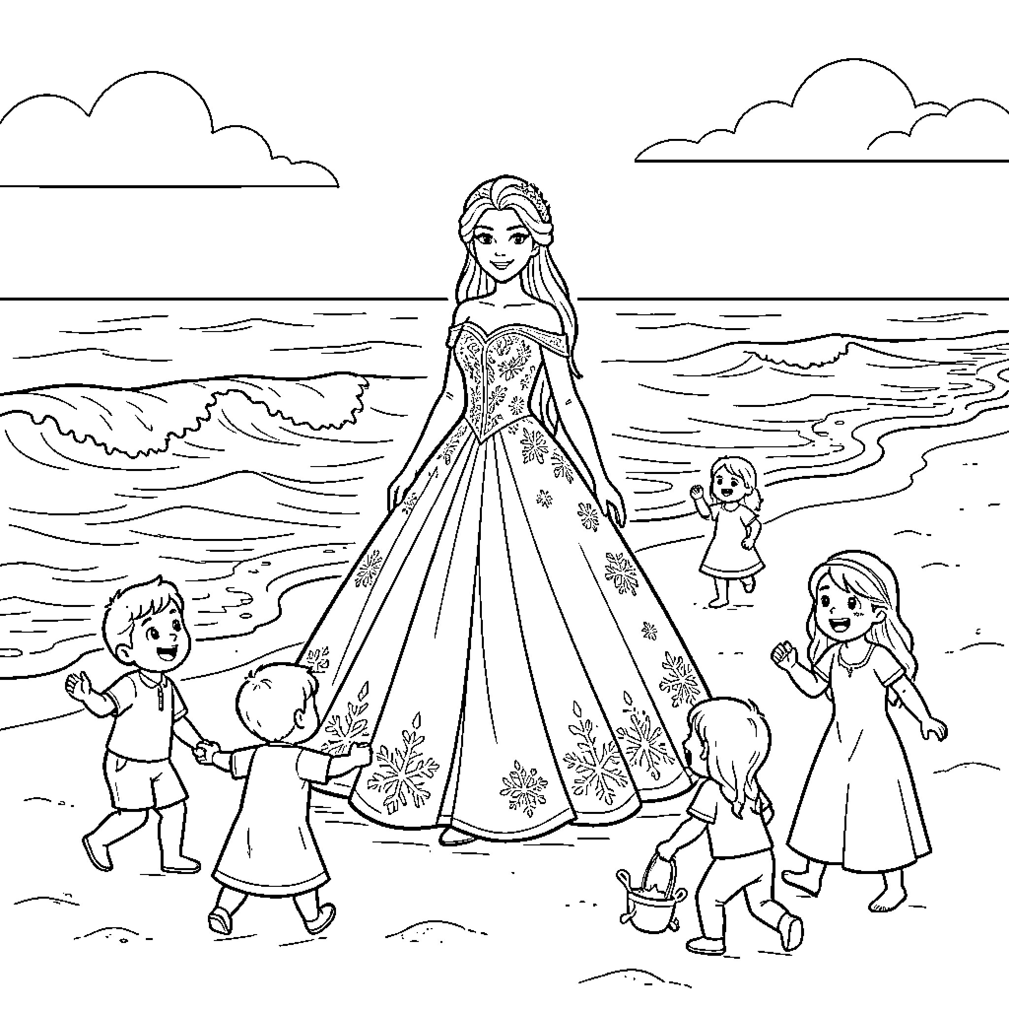 Queen standing on the beach with happy children Coloring Page (free black-and-white line drawing printable PDF for all, from beginners to advanced learners, including children, teens, adults, and seniors)