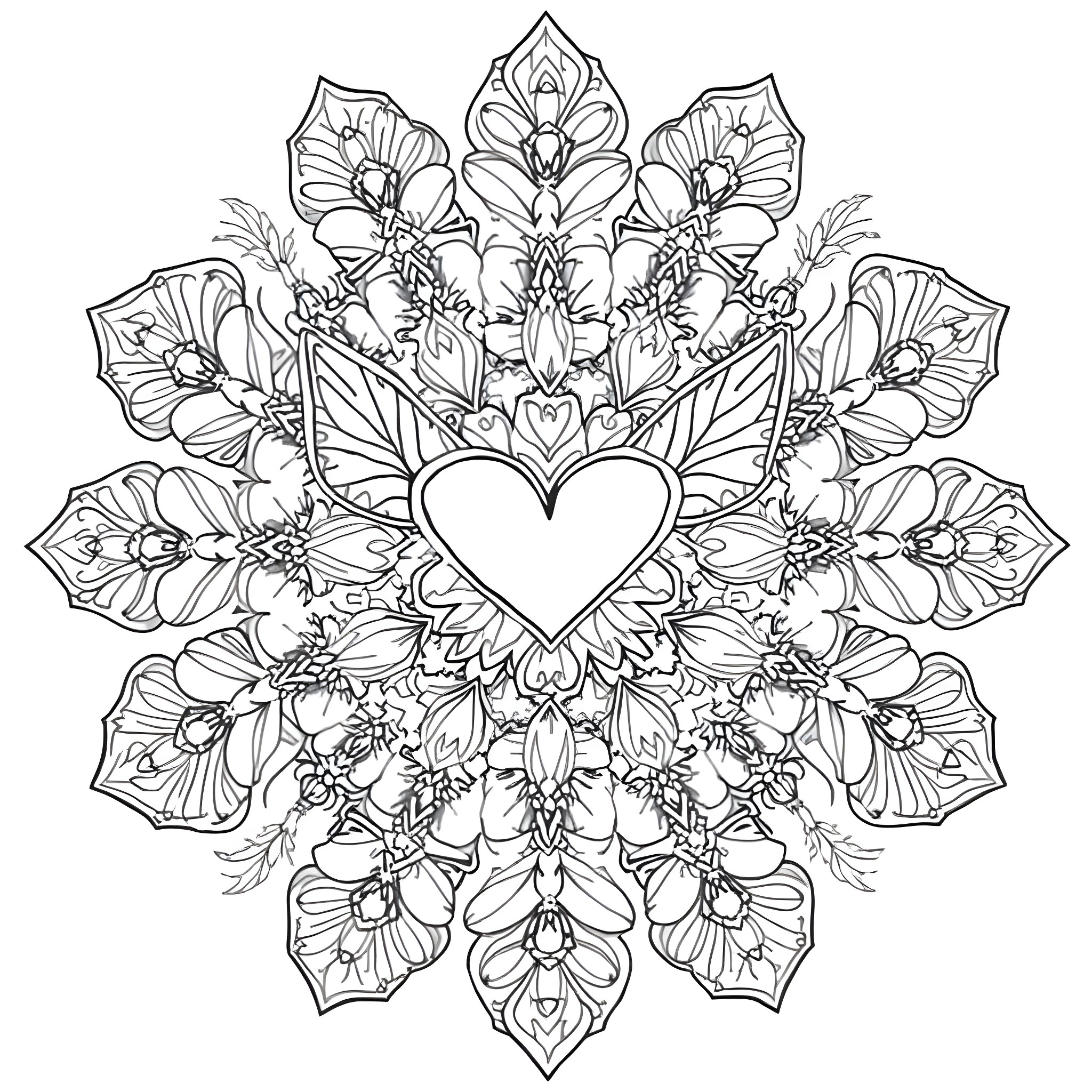 Butterfly-inspired floral mandala with heart Coloring Page (free black-and-white line drawing printable PDF for all, from beginners to advanced learners, including children, teens, adults, and seniors)