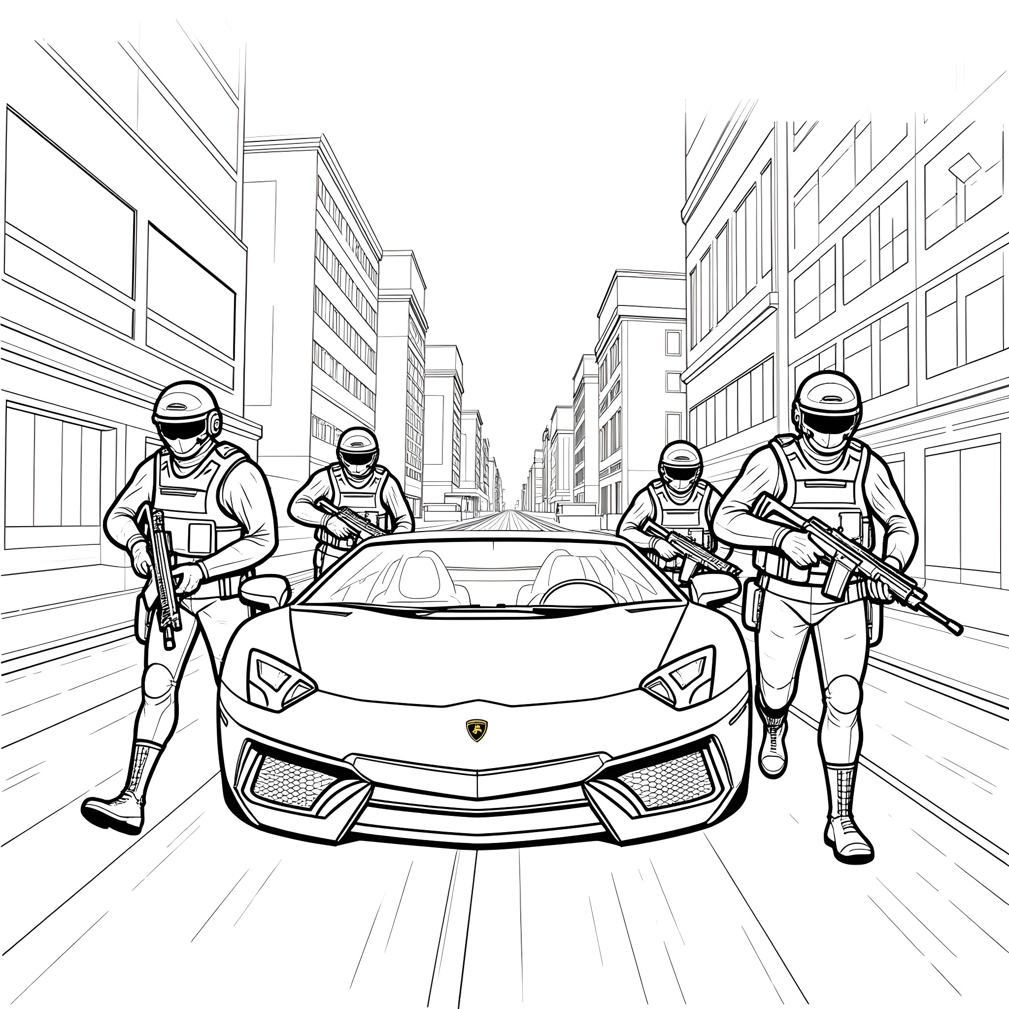Lamborghini police pursuit in the city Coloring Page (free black-and-white line drawing printable PDF for all, from beginners to advanced learners, including children, teens, adults, and seniors)