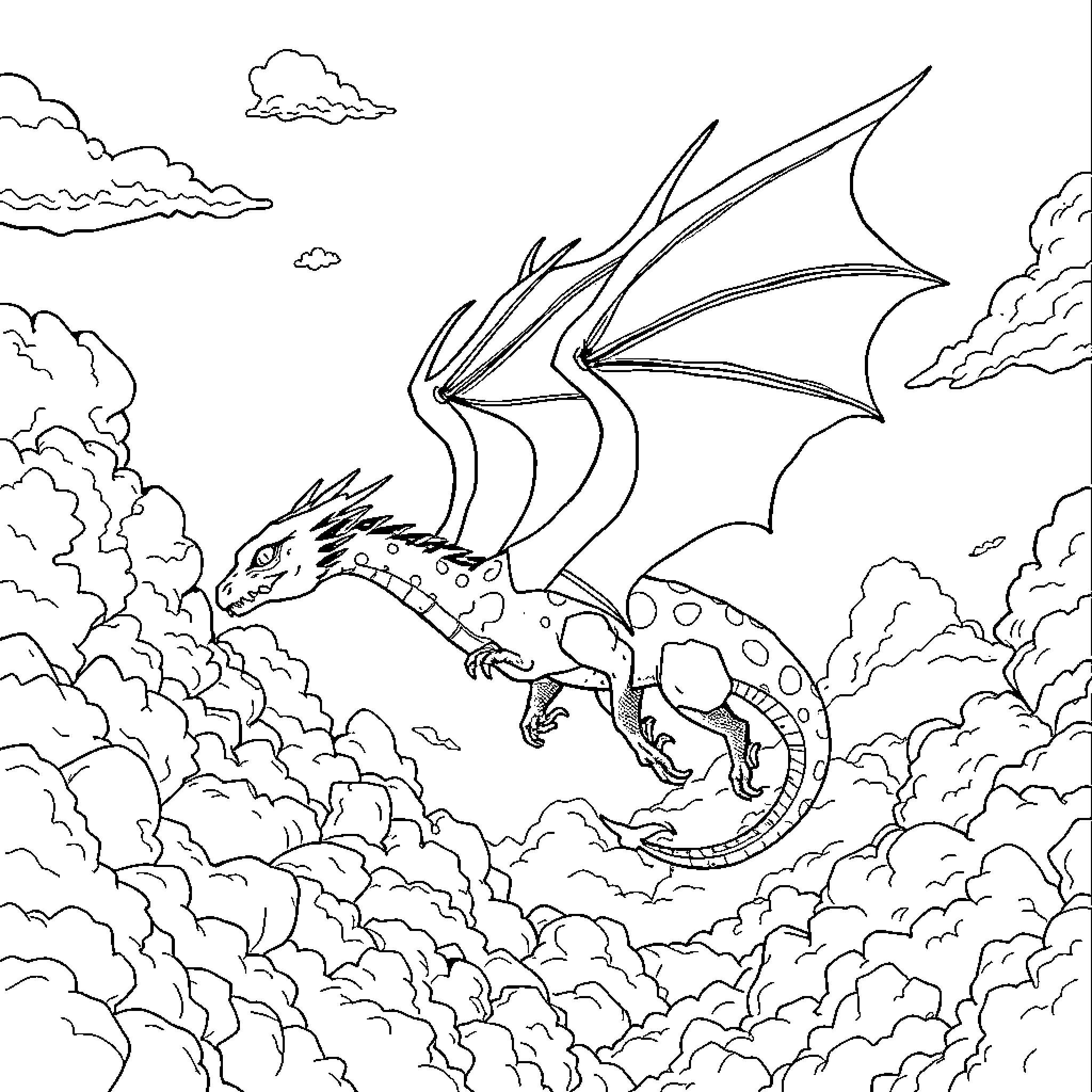 Dragon soaring through the cloudy skies Coloring Page (free black-and-white line drawing printable PDF for all, from beginners to advanced learners, including children, teens, adults, and seniors)