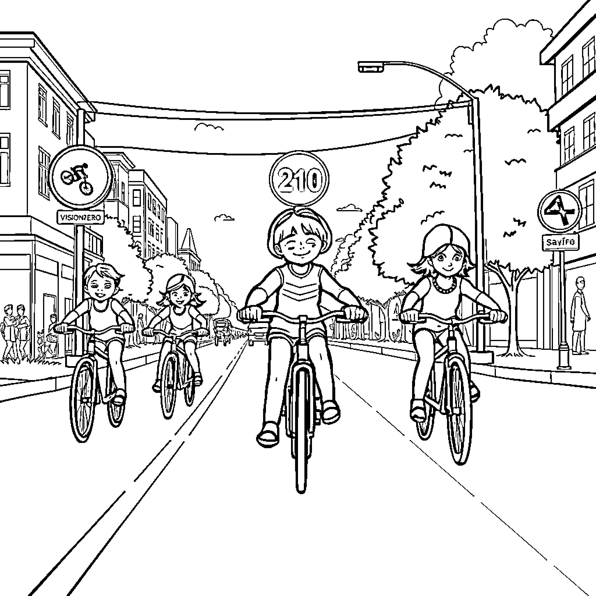 Bike riders exploring the city streets Coloring Page (free black-and-white line drawing printable PDF for all, from beginners to advanced learners, including children, teens, adults, and seniors)