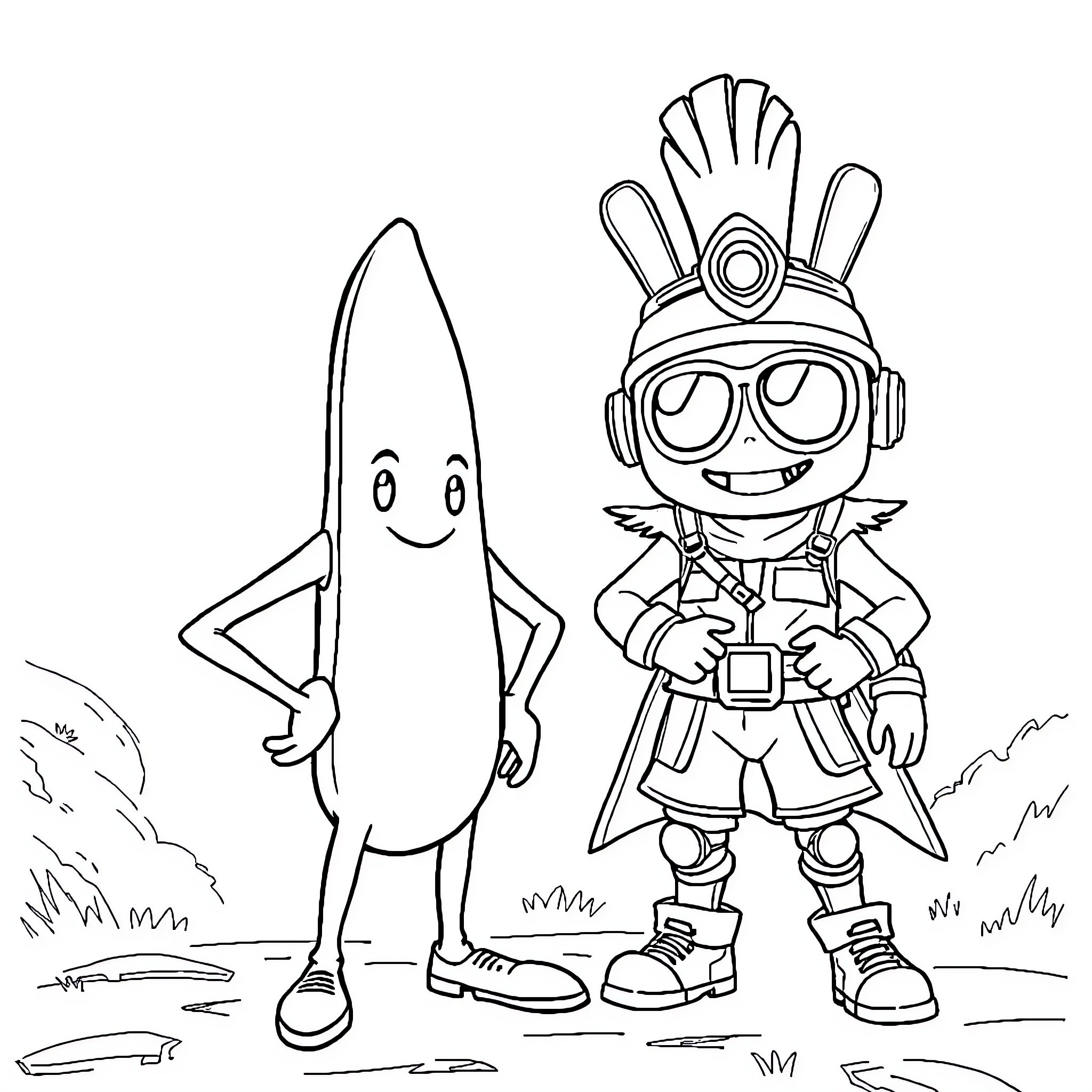 Peely the Adventurous Banana and Brave Warrior Coloring Page (free black-and-white line drawing printable PDF for all, from beginners to advanced learners, including children, teens, adults, and seniors)