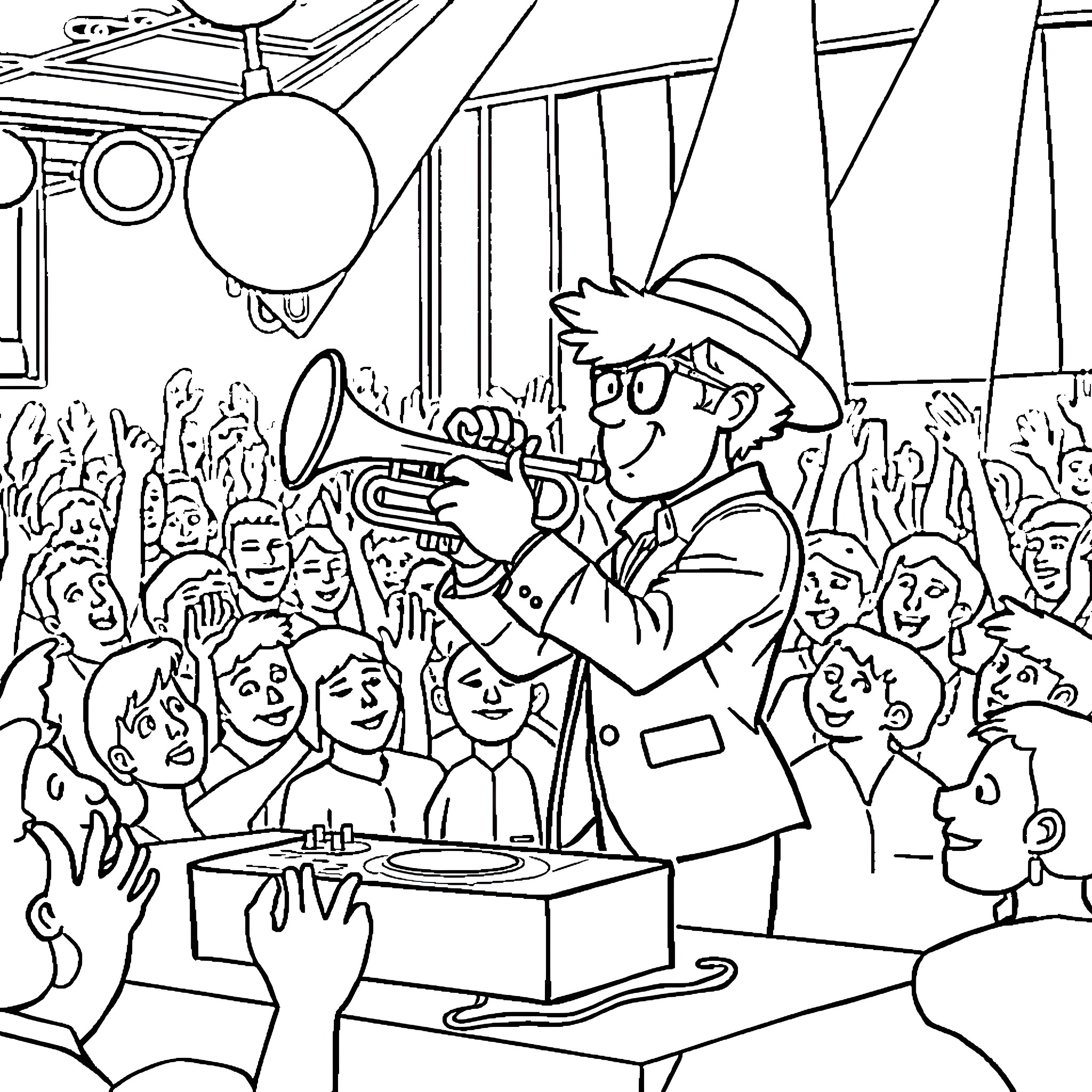 Timmy Trumpet performing energetically on stage with a crowd Coloring Page (free black-and-white line drawing printable PDF for all, from beginners to advanced learners, including children, teens, adults, and seniors)