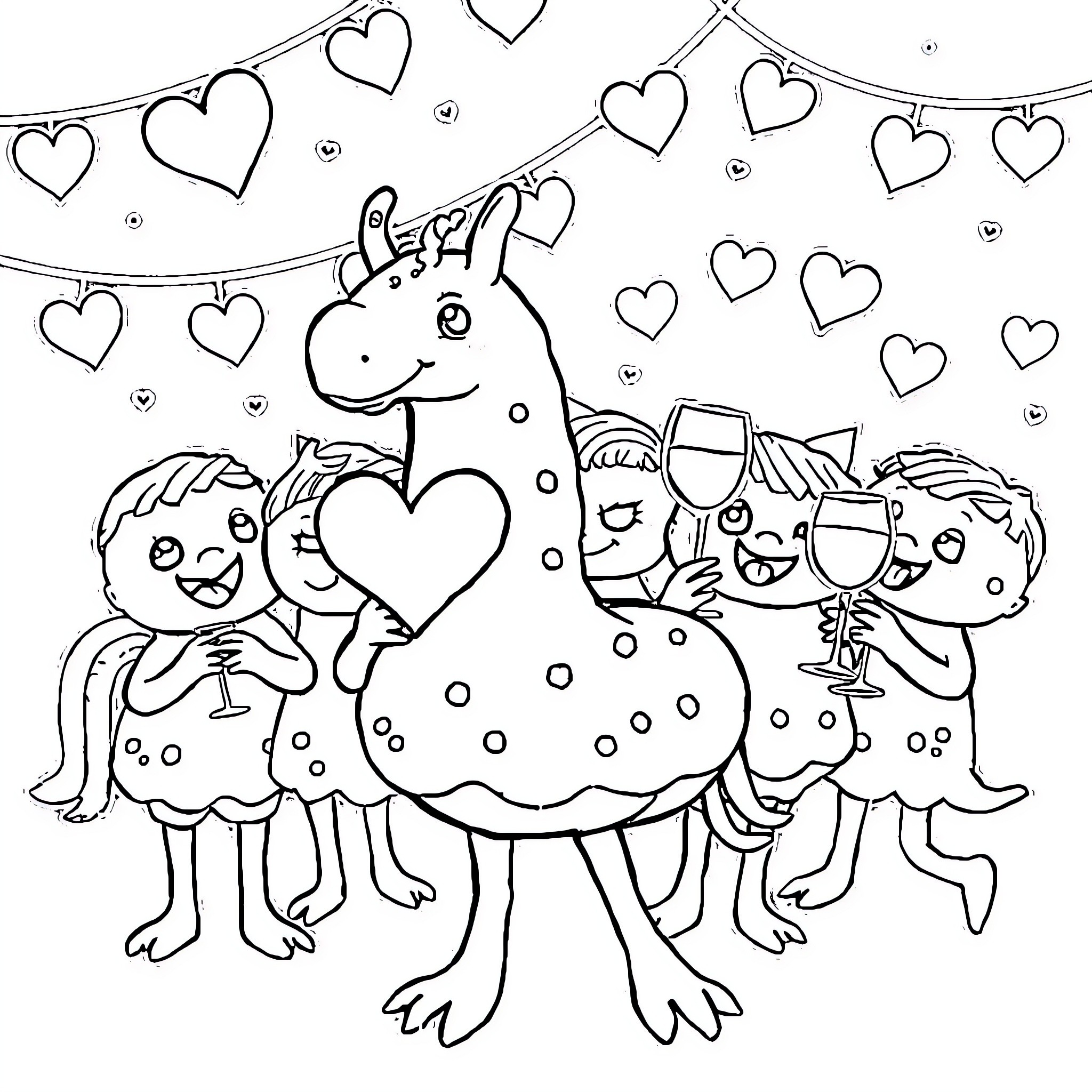 Labubu's Joyous Valentine's Celebration Coloring Page (free black-and-white line drawing printable PDF for all, from beginners to advanced learners, including children, teens, adults, and seniors)