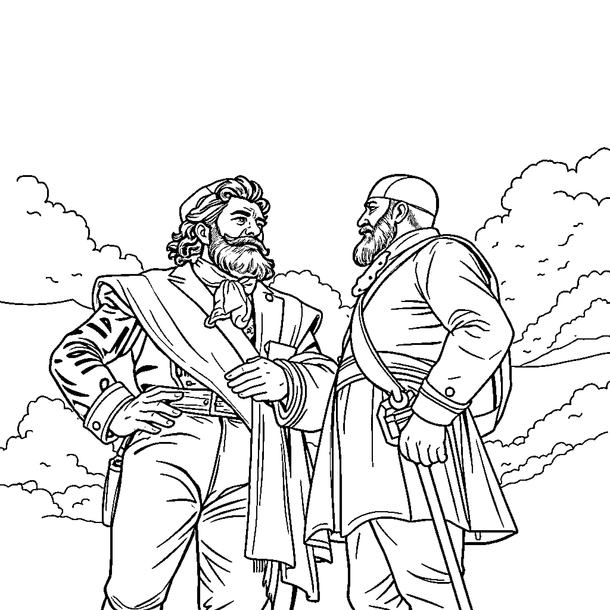 Simón Bolívar discussing military strategy with generals Coloring Page (free black-and-white line drawing printable PDF for all, from beginners to advanced learners, including children, teens, adults, and seniors)