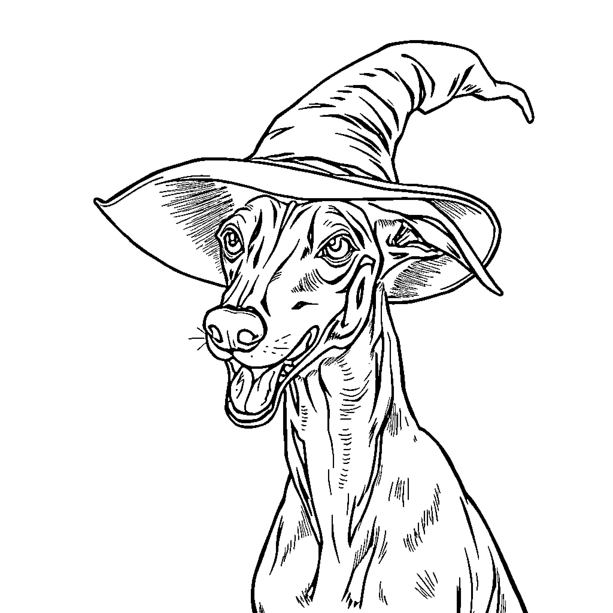 Greyhound in Witch's Hat Coloring Page (free black-and-white line drawing printable PDF for all, from beginners to advanced learners, including children, teens, adults, and seniors)