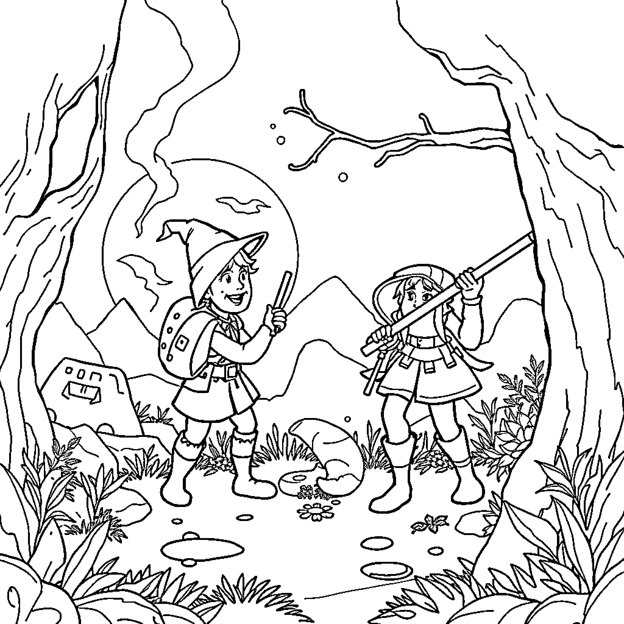Huntrix Adventurers Explore Enchanted Forest Coloring Page (free black-and-white line drawing printable PDF for all, from beginners to advanced learners, including children, teens, adults, and seniors)