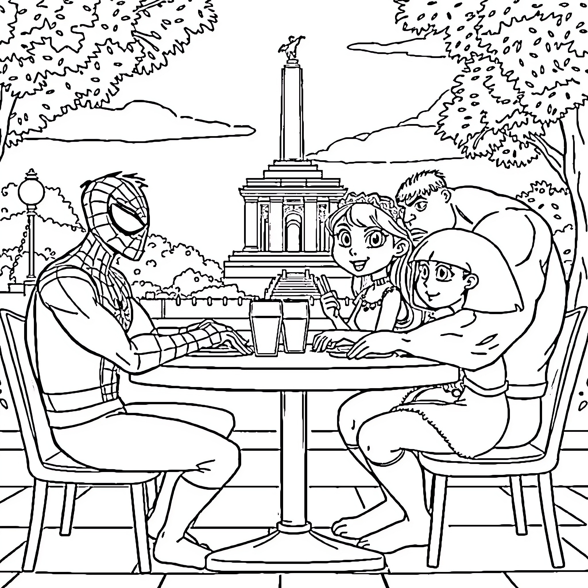Spider-Man enjoying a picnic with friends in the park Coloring Page (free black-and-white line drawing printable PDF for all, from beginners to advanced learners, including children, teens, adults, and seniors)