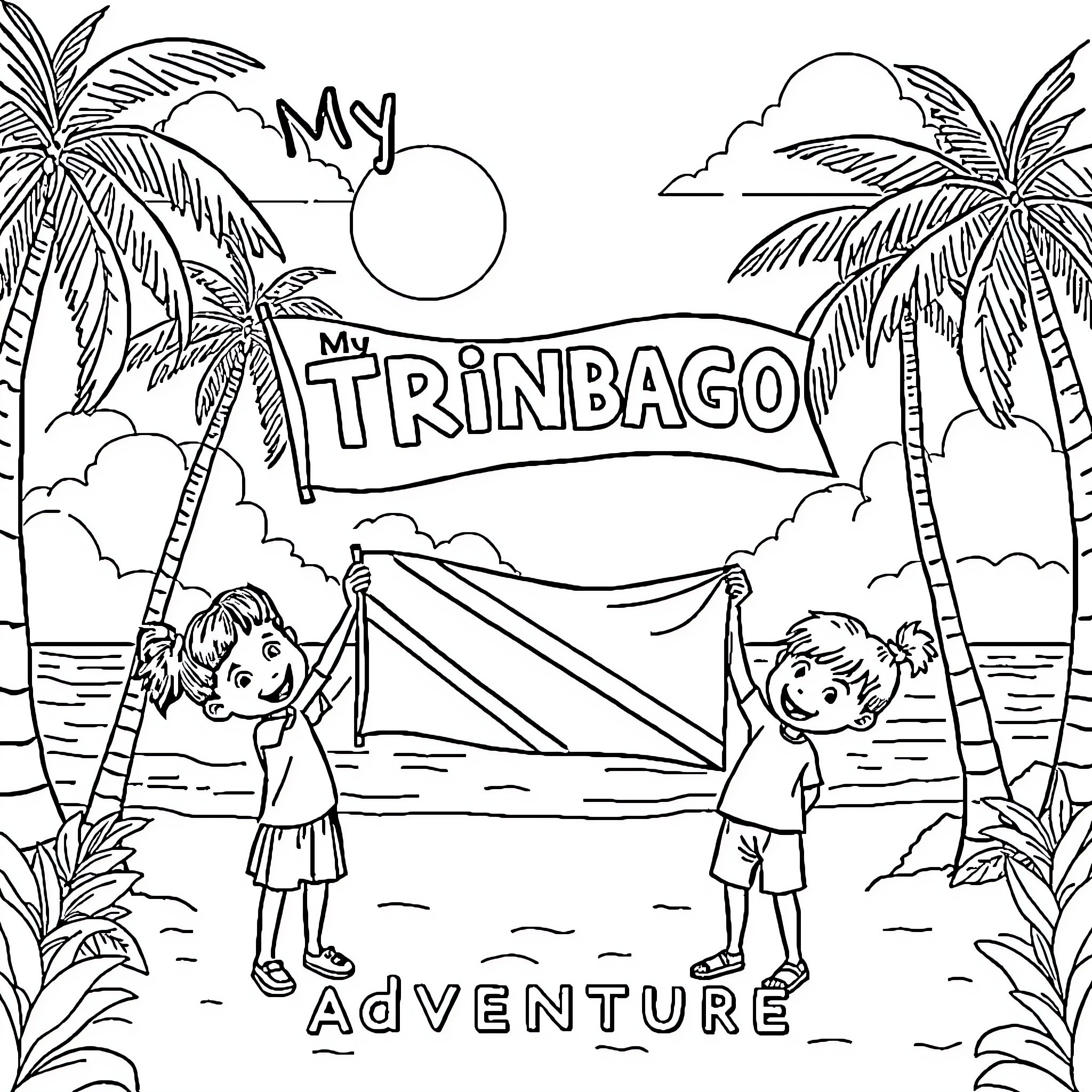 Child's tropical adventure with friends Coloring Page (free black-and-white line drawing printable PDF for all, from beginners to advanced learners, including children, teens, adults, and seniors)