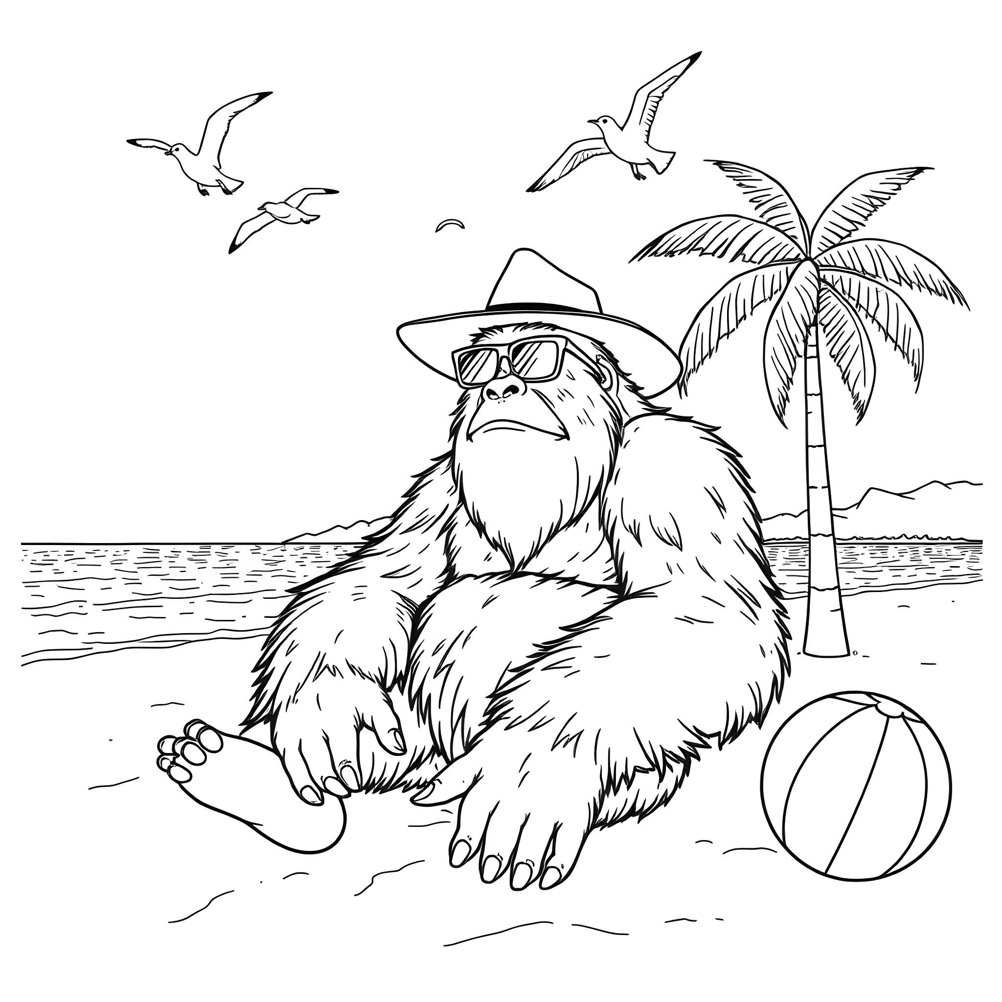 Sasquatch relaxes on the beach with sunglasses Coloring Page (free black-and-white line drawing printable PDF for all, from beginners to advanced learners, including children, teens, adults, and seniors)