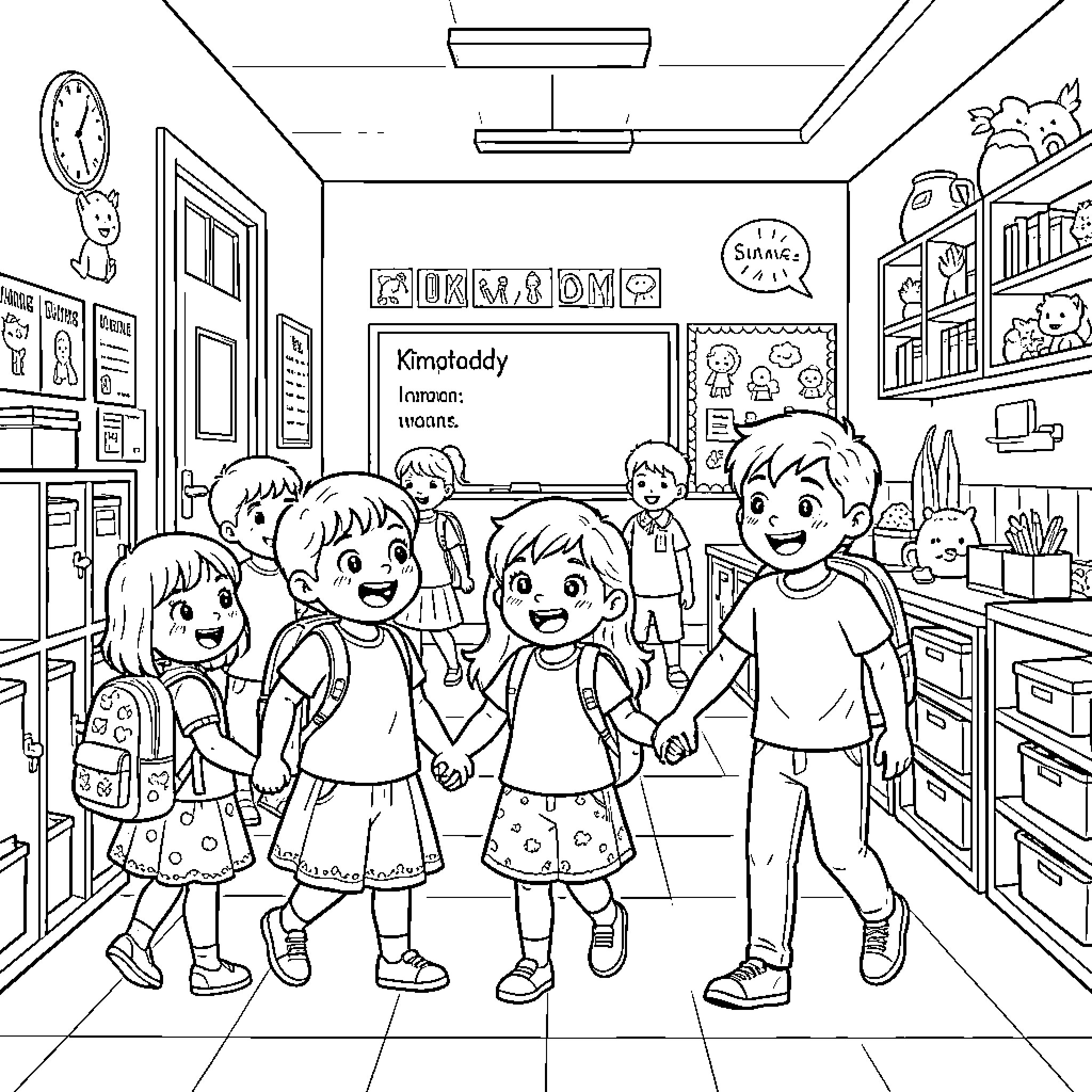 Kindergarten students holding hands and walking together Coloring Page (free black-and-white line drawing printable PDF for all, from beginners to advanced learners, including children, teens, adults, and seniors)