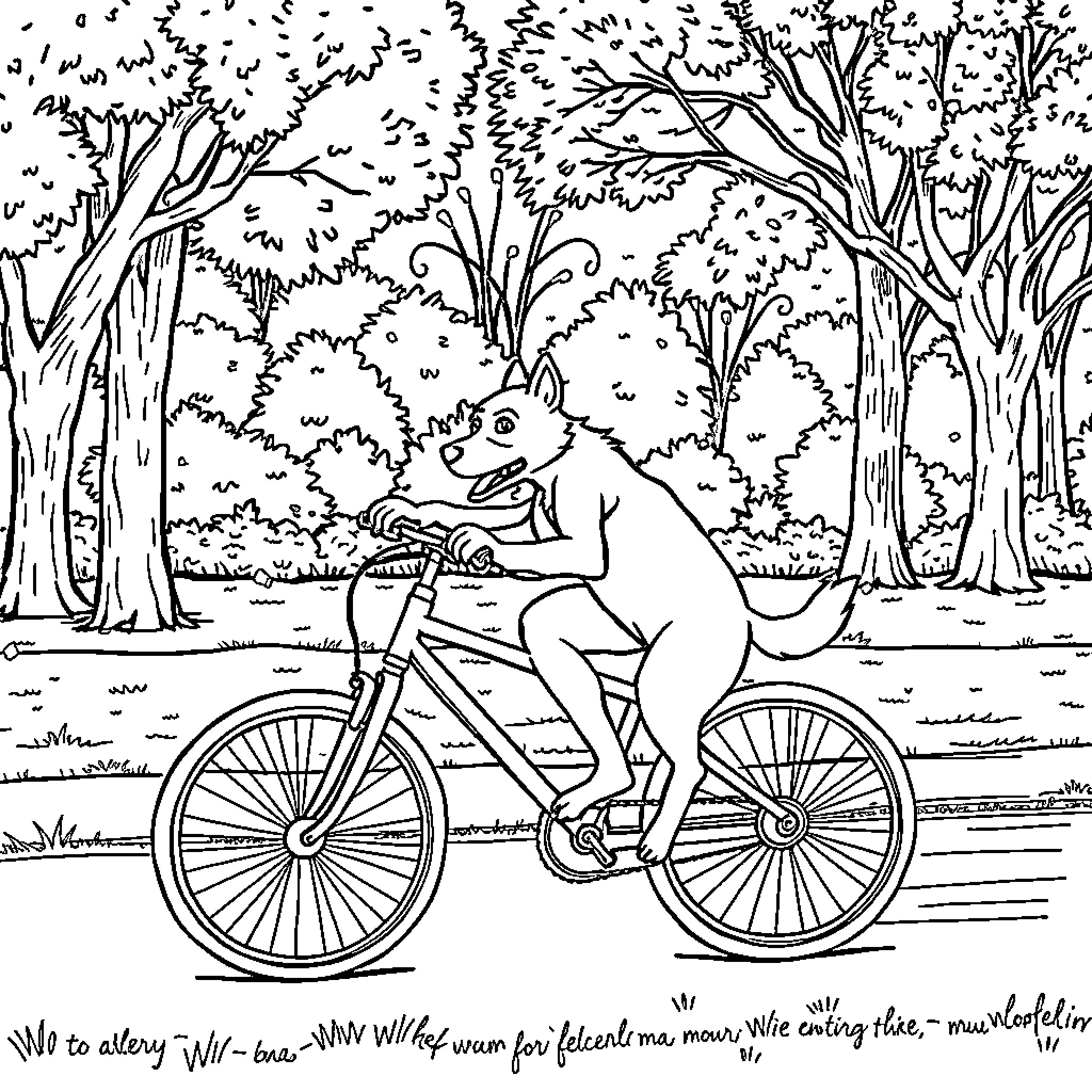Perro riding bicycle through the forest Coloring Page (free black-and-white line drawing printable PDF for all, from beginners to advanced learners, including children, teens, adults, and seniors)