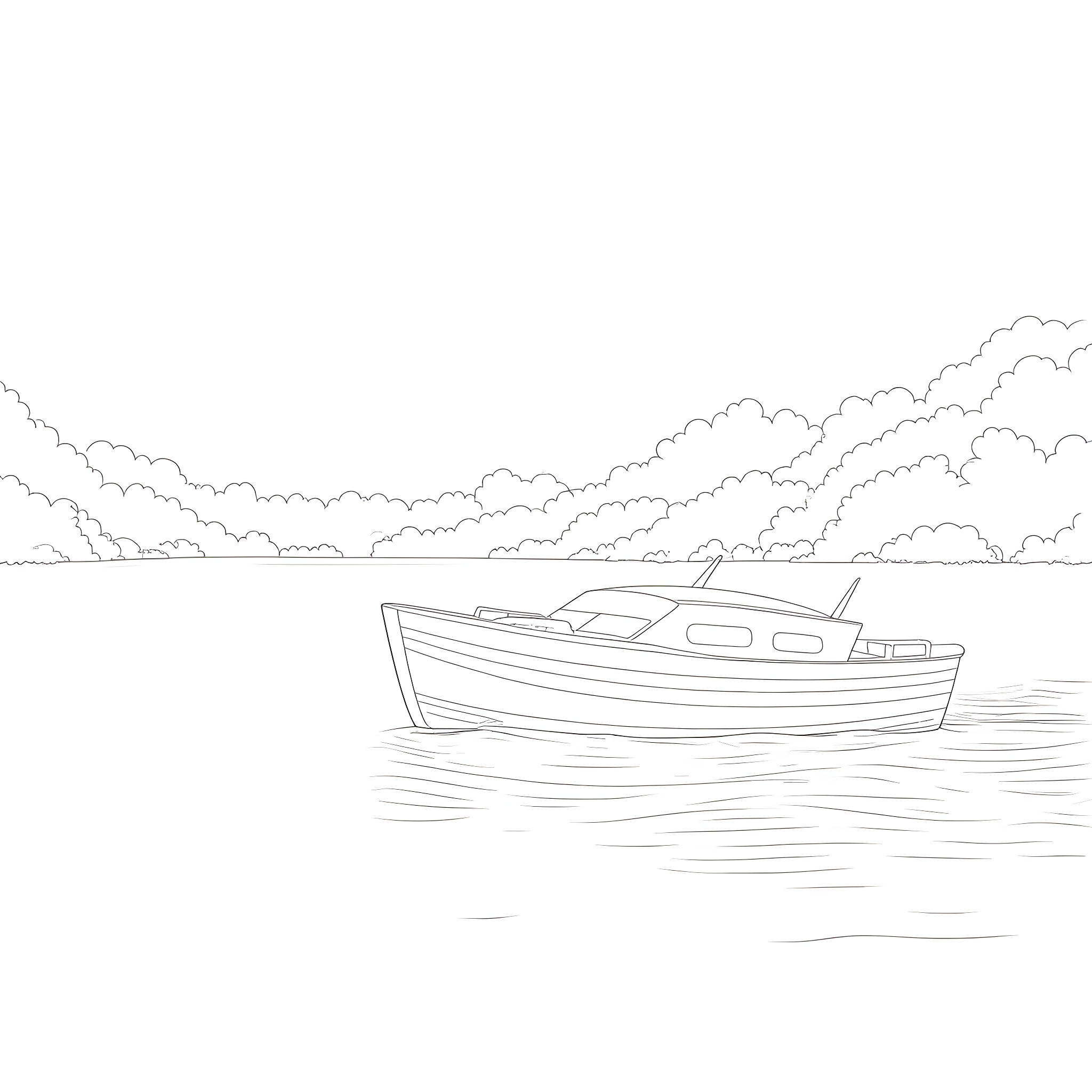 Boat sailing calmly on the open water Coloring Page (free black-and-white line drawing printable PDF for all, from beginners to advanced learners, including children, teens, adults, and seniors)