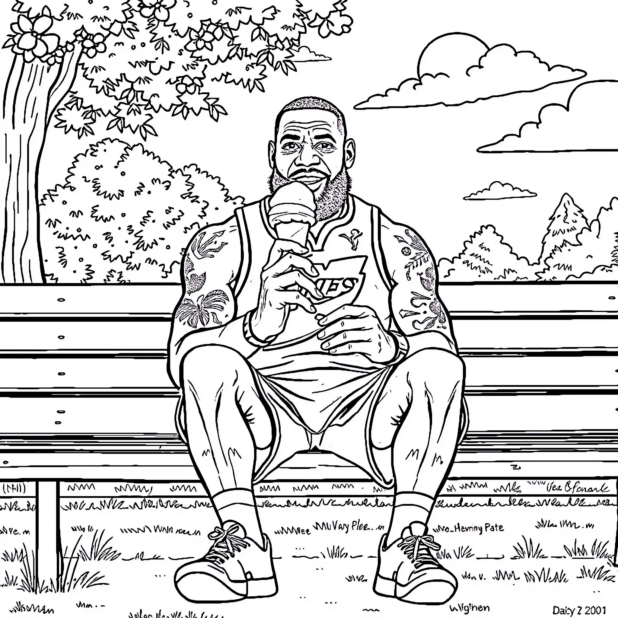 LeBron James enjoying a peaceful moment outdoors Coloring Page (free black-and-white line drawing printable PDF for all, from beginners to advanced learners, including children, teens, adults, and seniors)