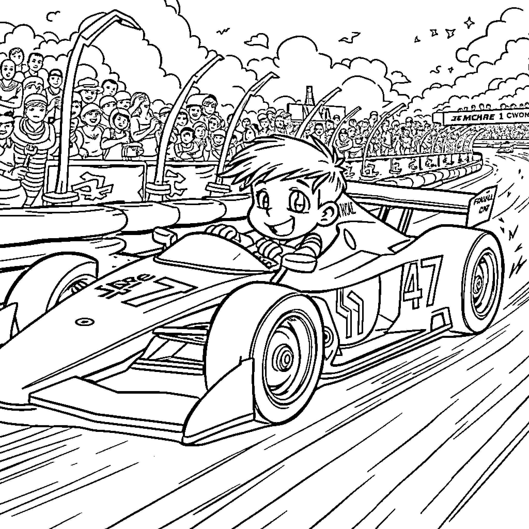 Boy racing speedy car on racetrack with audience Coloring Page (free black-and-white line drawing printable PDF for all, from beginners to advanced learners, including children, teens, adults, and seniors)