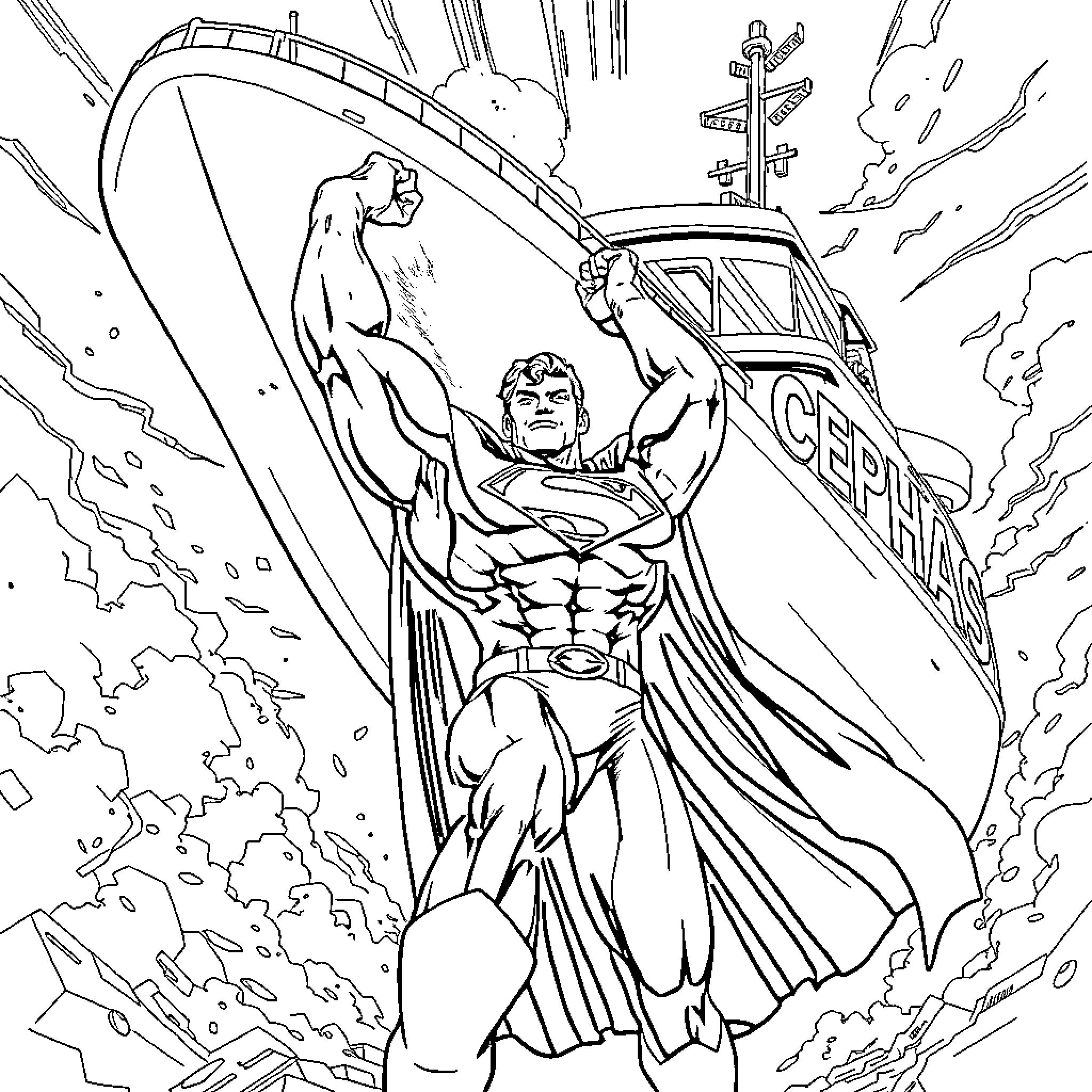 Superman heroically saves the day in a dramatic scene Coloring Page (free black-and-white line drawing printable PDF for all, from beginners to advanced learners, including children, teens, adults, and seniors)