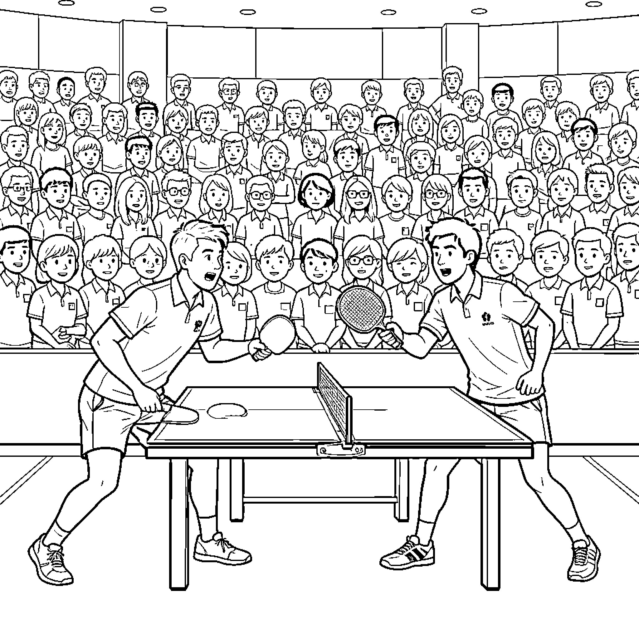 Tennisman playing an intense table tennis match Coloring Page (free black-and-white line drawing printable PDF for all, from beginners to advanced learners, including children, teens, adults, and seniors)