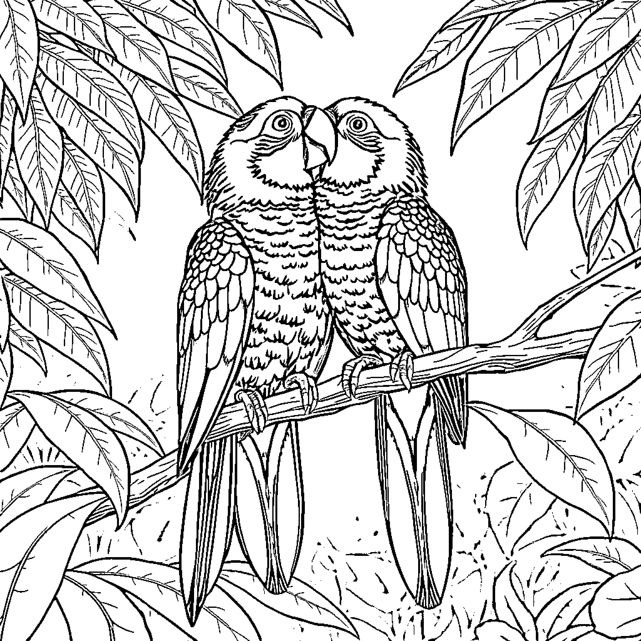 Parrot pair perched peacefully in lush foliage Coloring Page (free black-and-white line drawing printable PDF for all, from beginners to advanced learners, including children, teens, adults, and seniors)