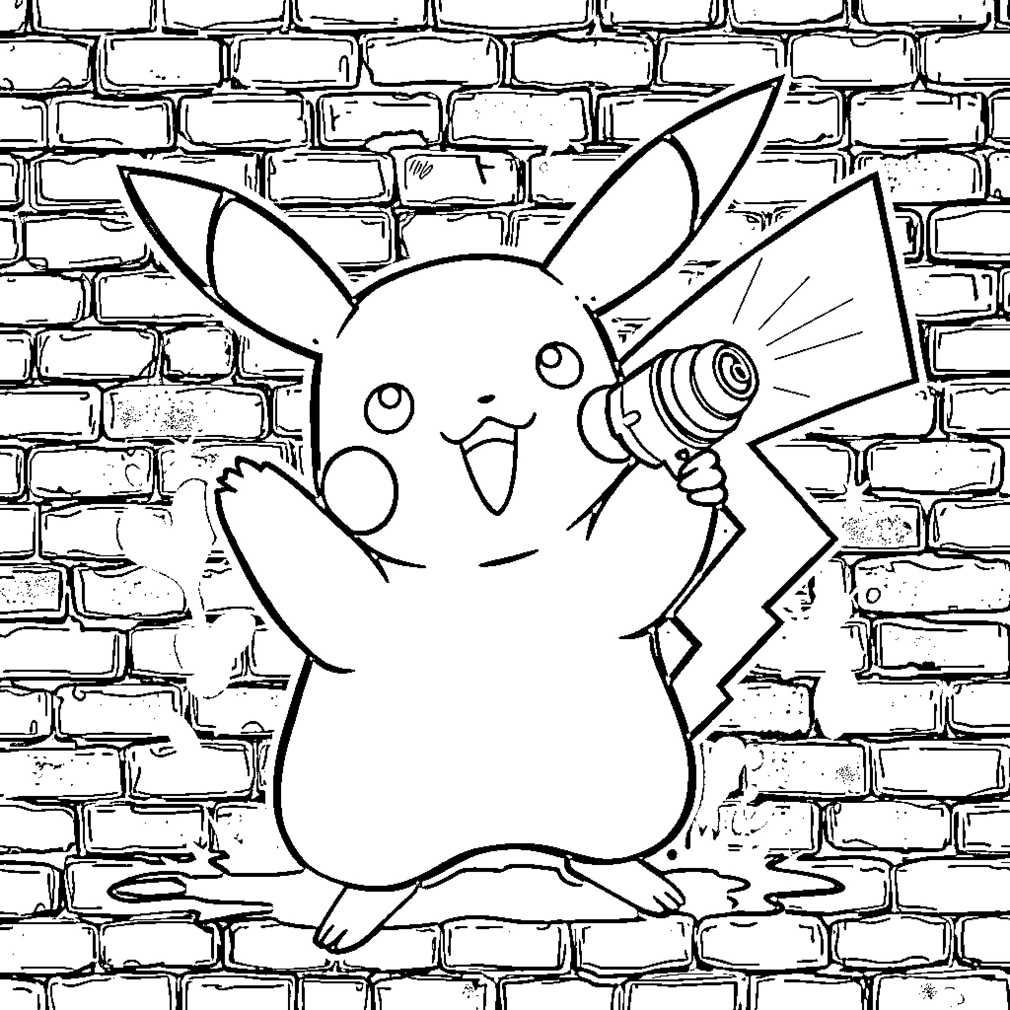 Pikachu playing with a megaphone against a brick wall Coloring Page (free black-and-white line drawing printable PDF for all, from beginners to advanced learners, including children, teens, adults, and seniors)