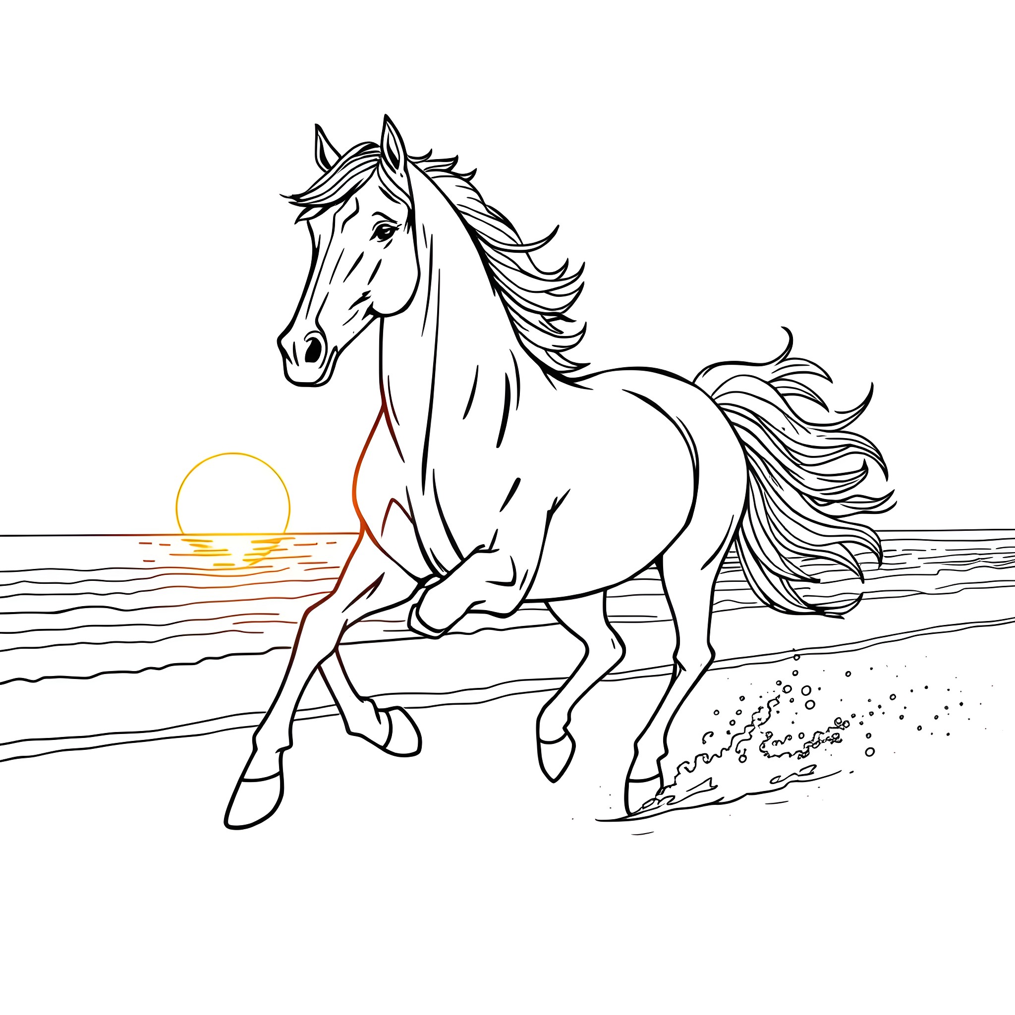 Horse running along the beach at sunset Coloring Page (free black-and-white line drawing printable PDF for all, from beginners to advanced learners, including children, teens, adults, and seniors)