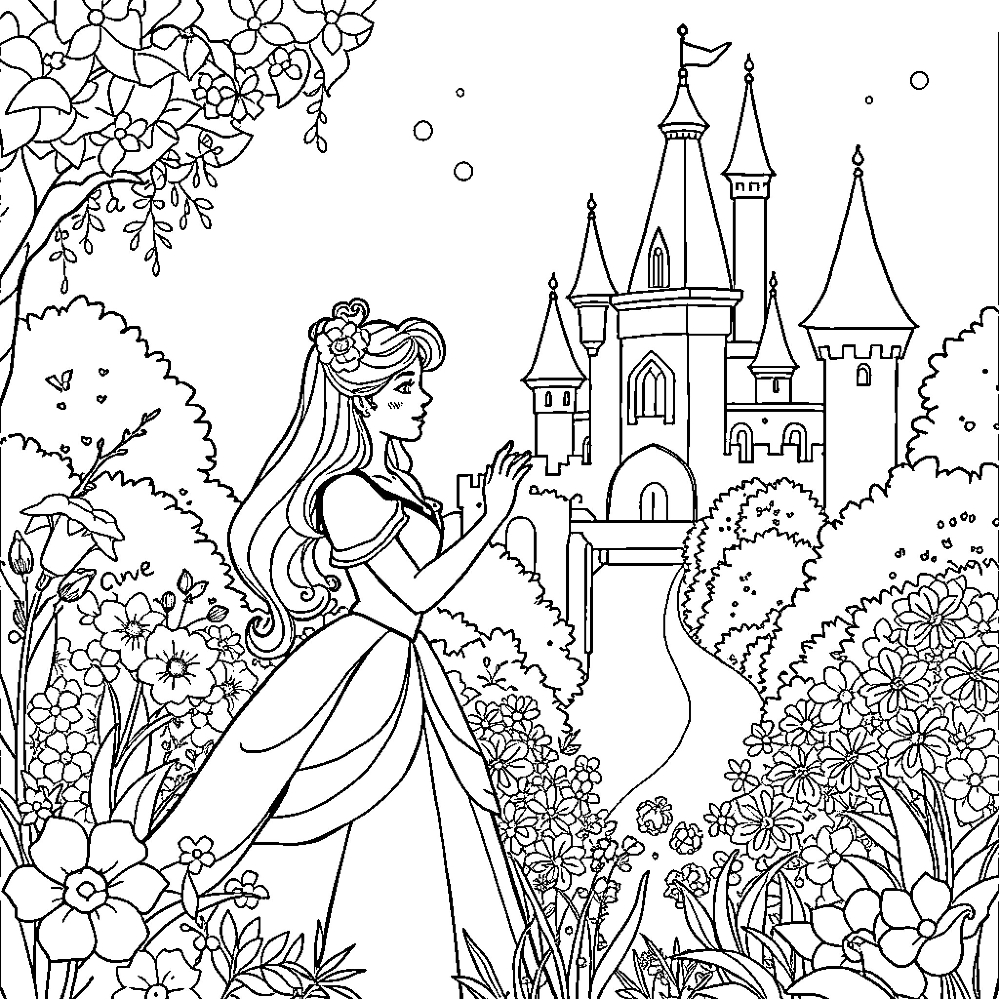 Princess Exploring the Enchanting Castle Garden Coloring Page (free black-and-white line drawing printable PDF for all, from beginners to advanced learners, including children, teens, adults, and seniors)