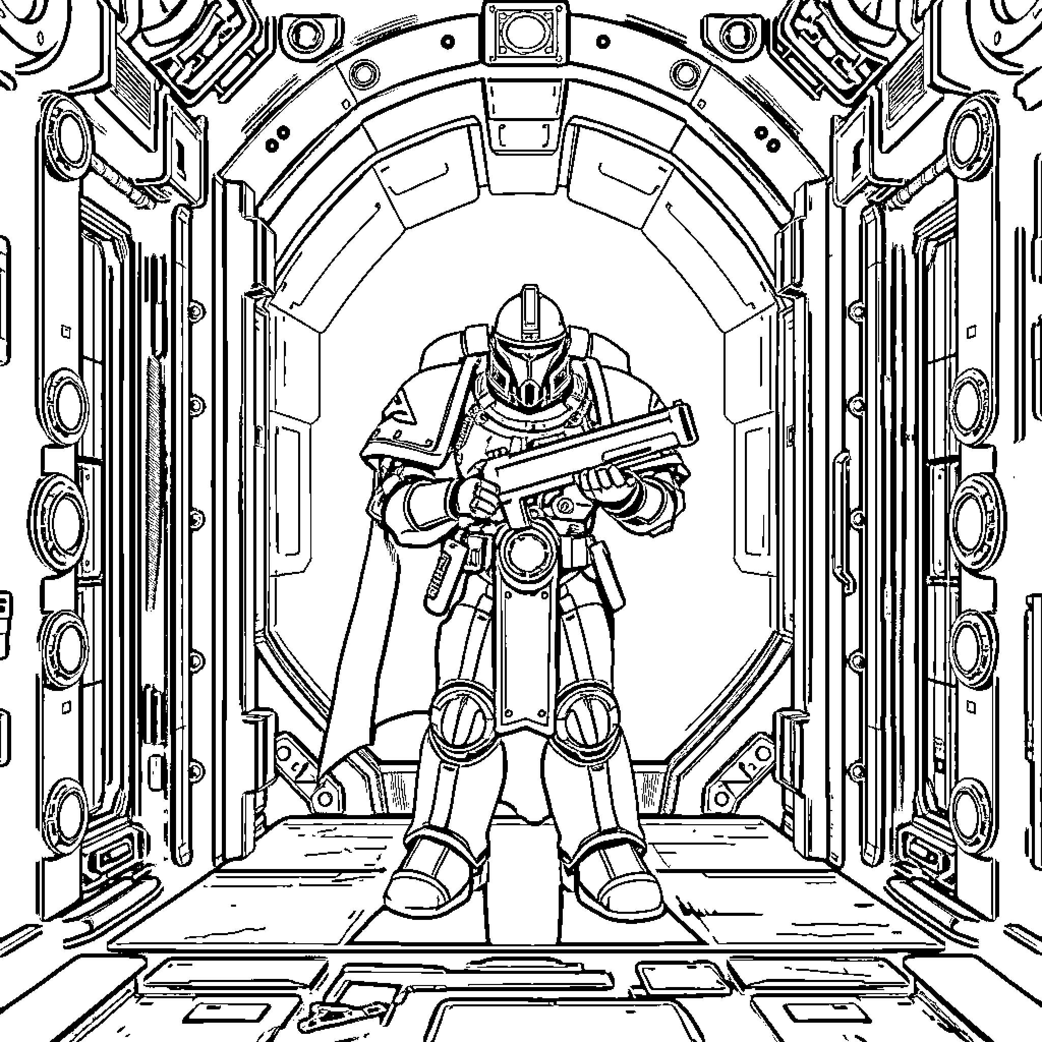 Knight in Futuristic Armored Suit Wielding Weapon Coloring Page (free black-and-white line drawing printable PDF for all, from beginners to advanced learners, including children, teens, adults, and seniors)