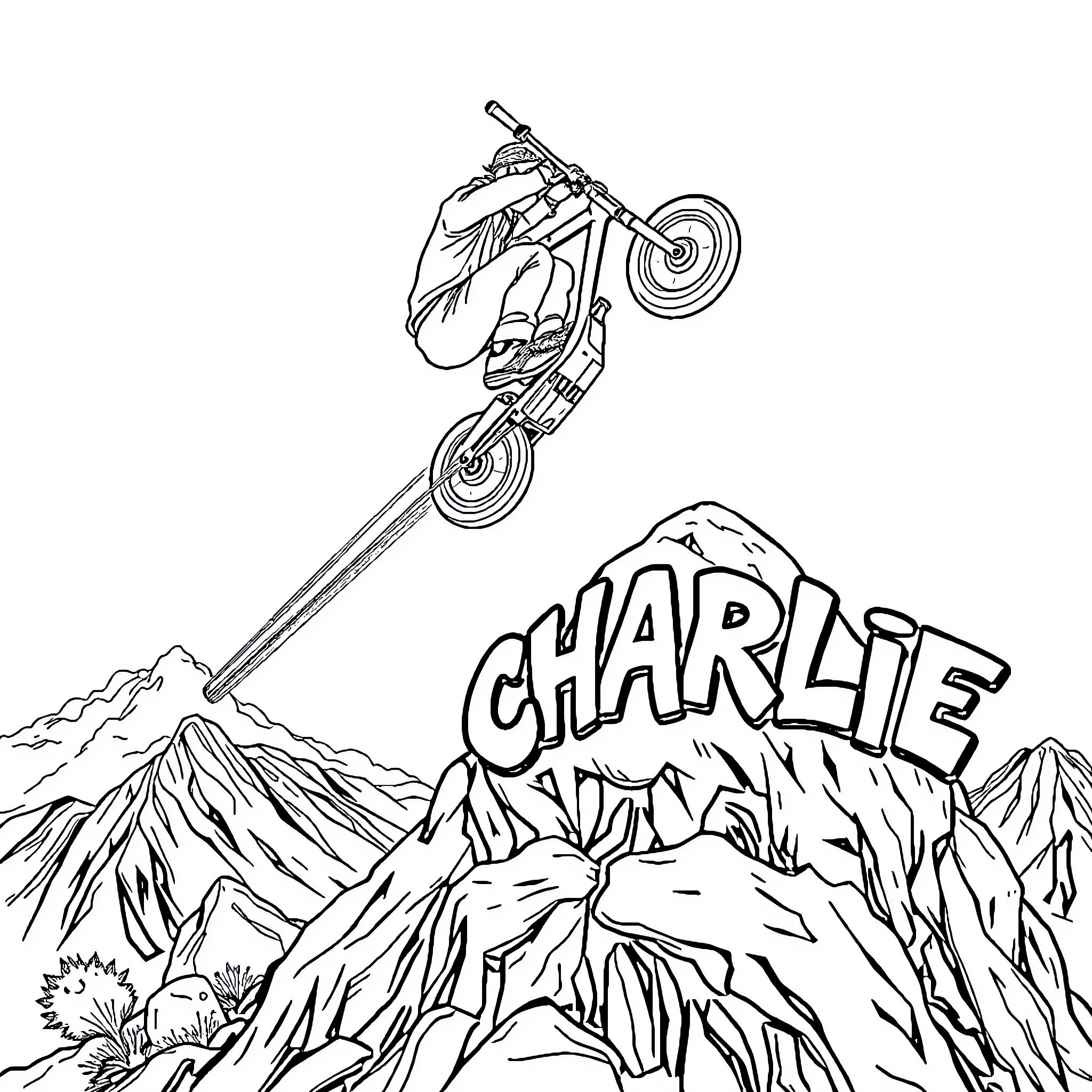 Scooter soaring over rugged mountain terrain Coloring Page (free black-and-white line drawing printable PDF for all, from beginners to advanced learners, including children, teens, adults, and seniors)