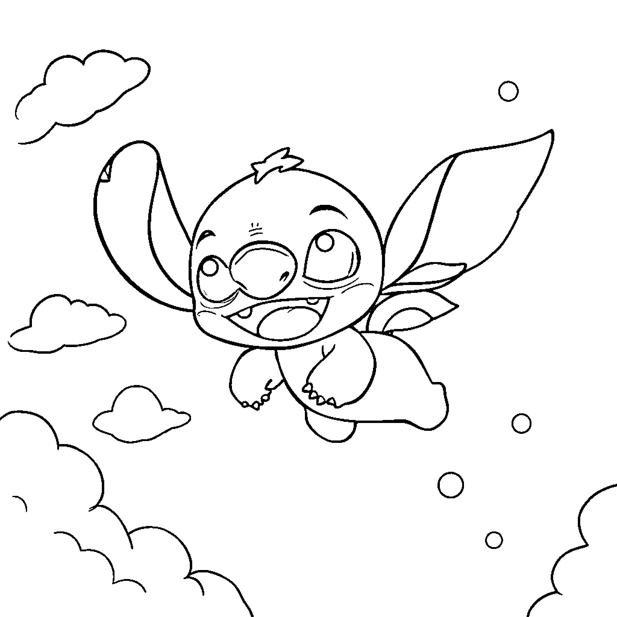 Stitch soaring through the clouds happily Coloring Page (free black-and-white line drawing printable PDF for all, from beginners to advanced learners, including children, teens, adults, and seniors)