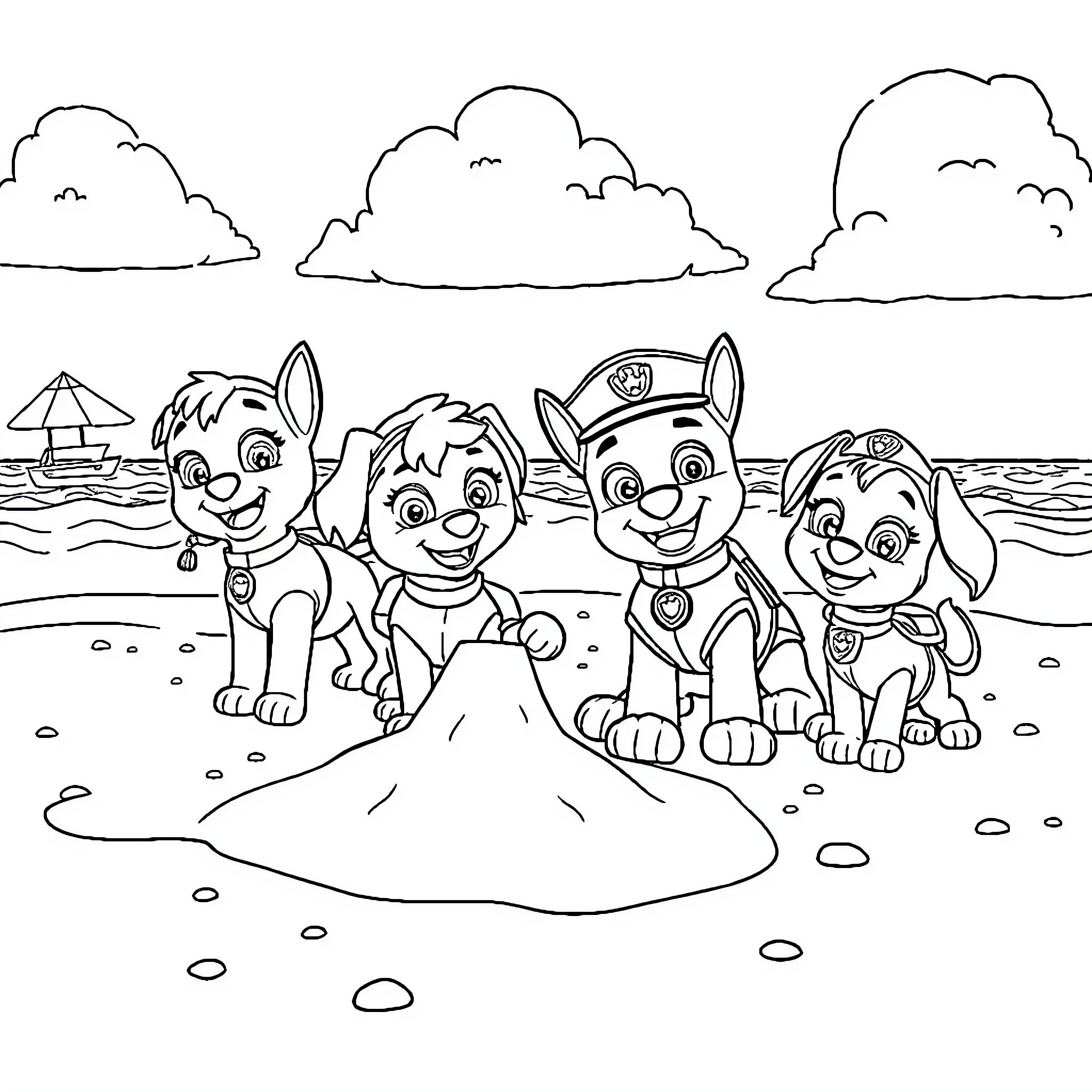 Paw Patrol playing on the beach Coloring Page (free black-and-white line drawing printable PDF for all, from beginners to advanced learners, including children, teens, adults, and seniors)