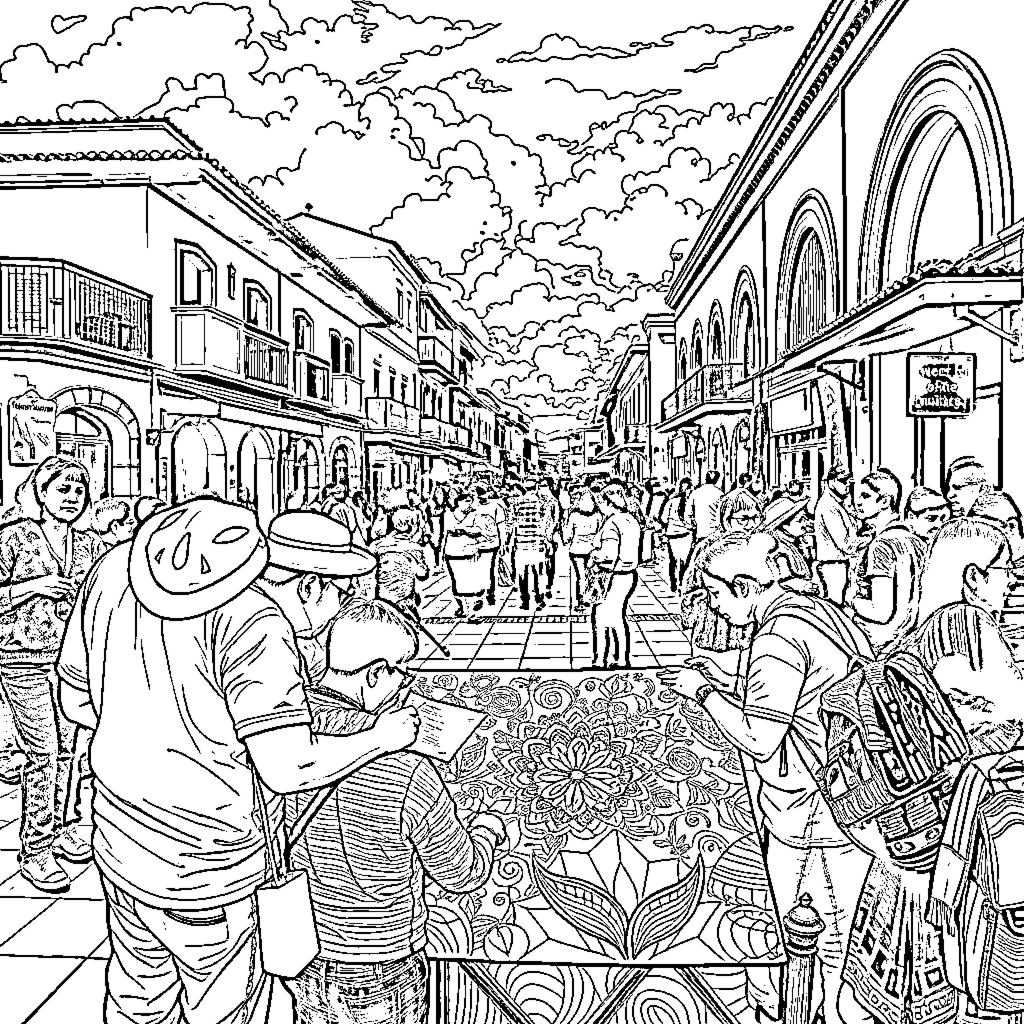 Brainrot: Bustling Bazaar of Eclectic Encounters Coloring Page (free black-and-white line drawing printable PDF for all, from beginners to advanced learners, including children, teens, adults, and seniors)