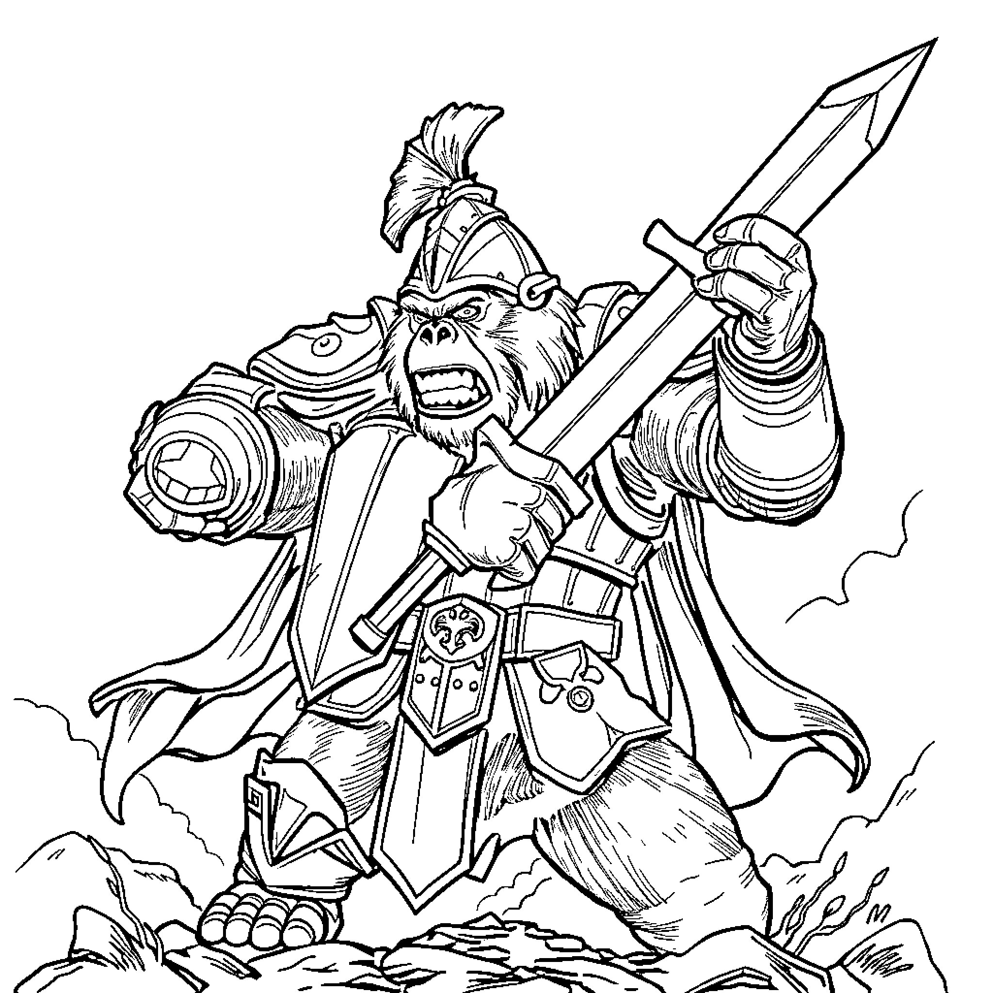 Gorilla warrior wielding sword and shield in battle Coloring Page (free black-and-white line drawing printable PDF for all, from beginners to advanced learners, including children, teens, adults, and seniors)