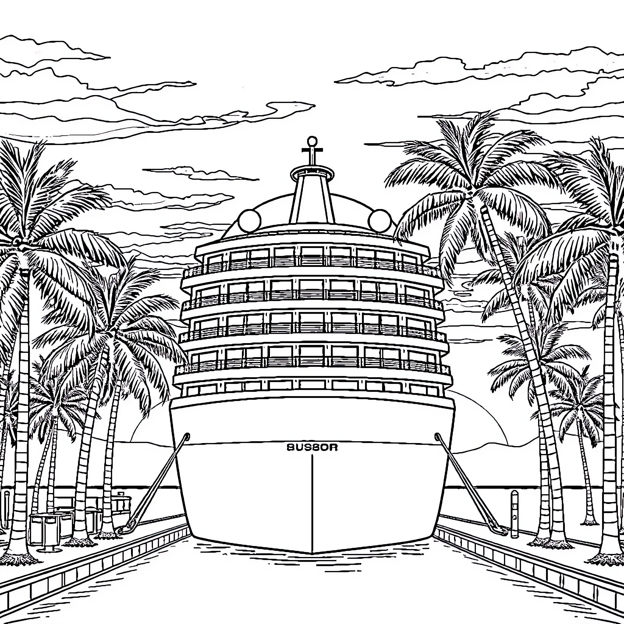 Cruise Ship docked in a tropical paradise Coloring Page (free black-and-white line drawing printable PDF for all, from beginners to advanced learners, including children, teens, adults, and seniors)