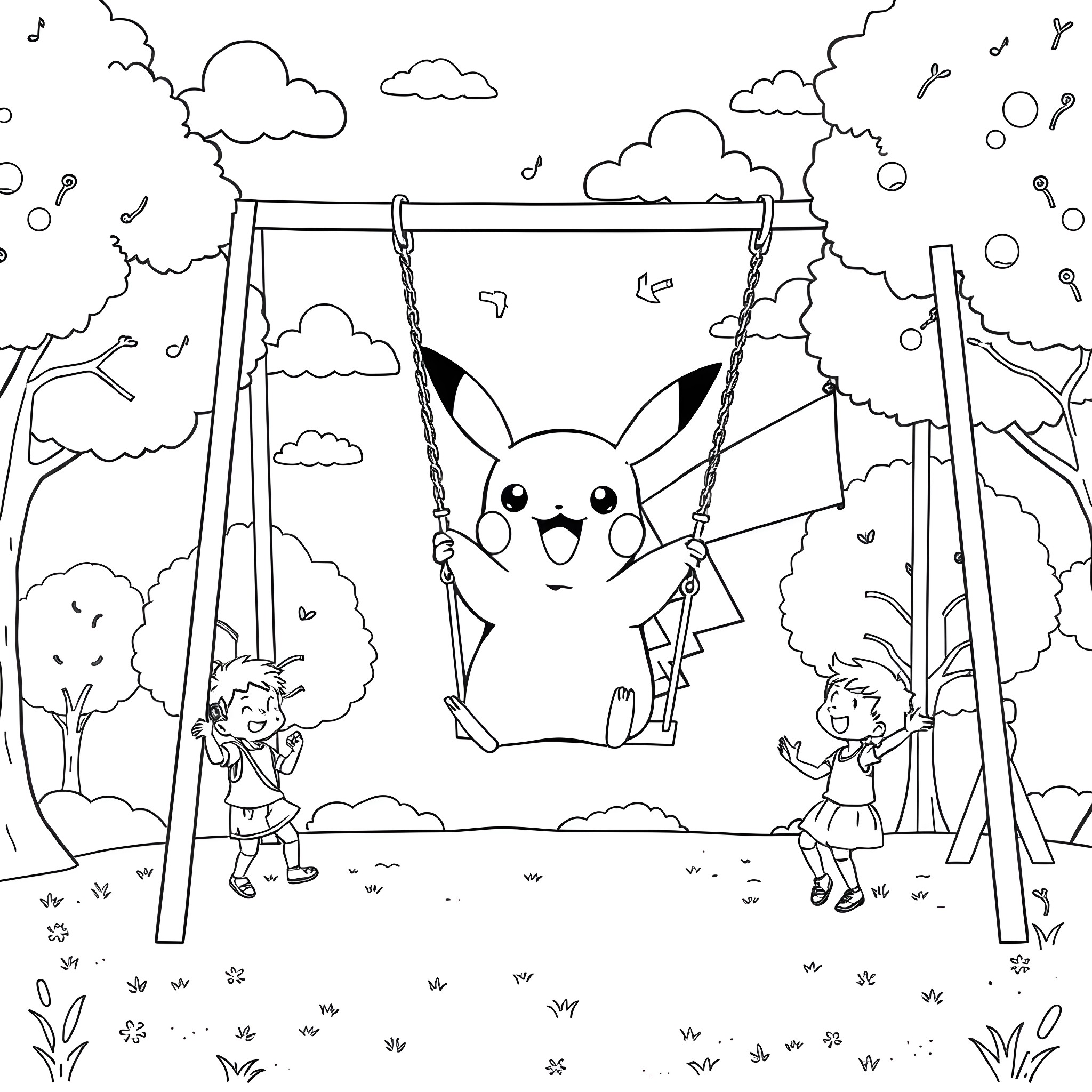 Pikachu playing on a swing with children in the park Coloring Page (free black-and-white line drawing printable PDF for all, from beginners to advanced learners, including children, teens, adults, and seniors)