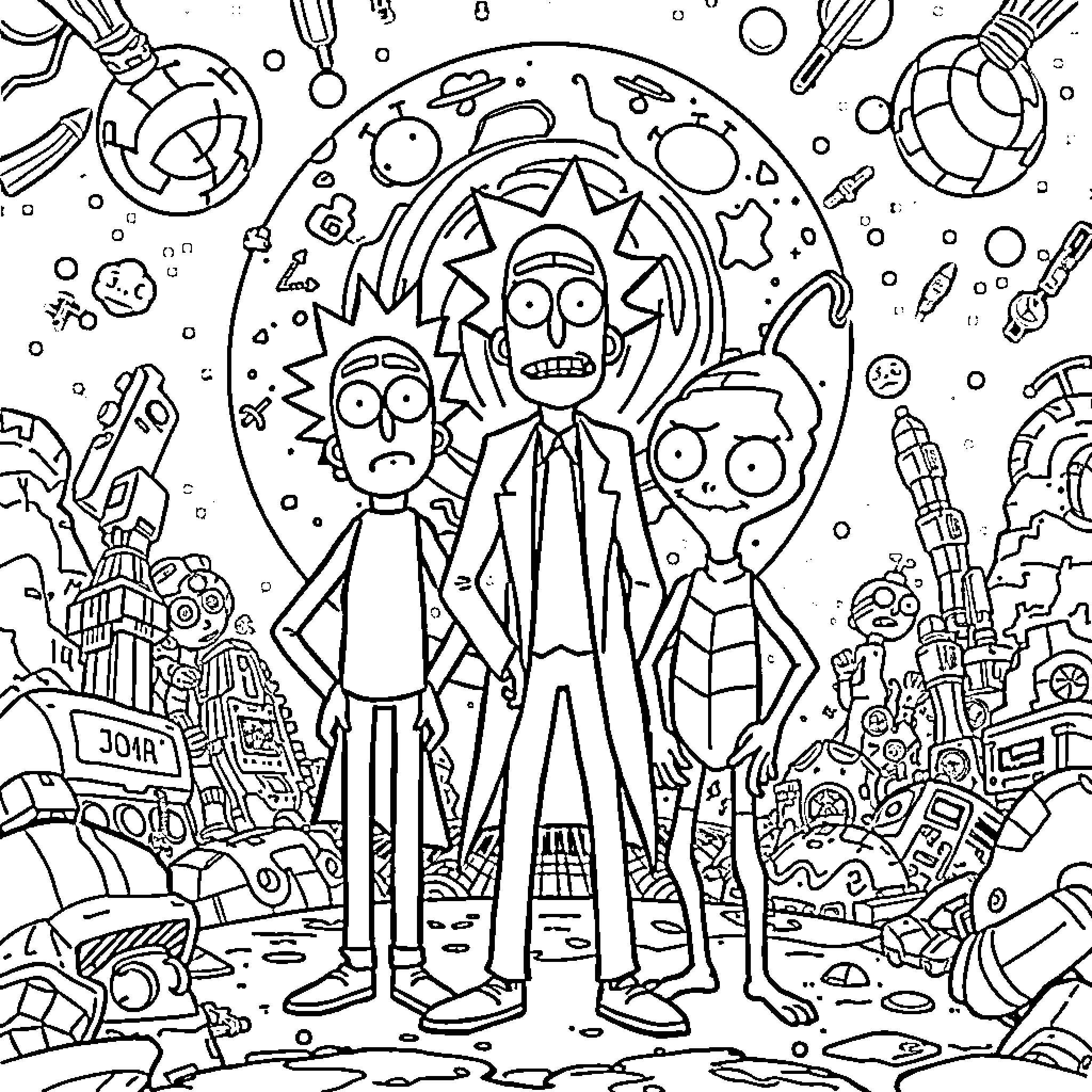 Rick And Morty in a Sci-Fi Space Adventure Coloring Page (free black-and-white line drawing printable PDF for all, from beginners to advanced learners, including children, teens, adults, and seniors)