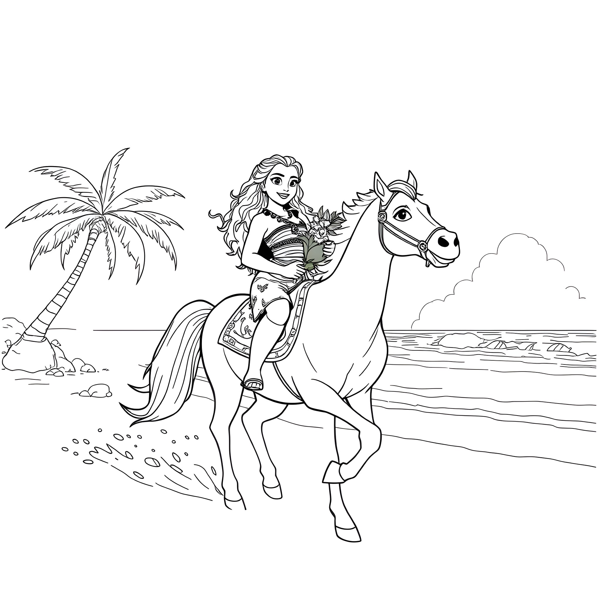 Moana riding a horse by the beach Coloring Page (free black-and-white line drawing printable PDF for all, from beginners to advanced learners, including children, teens, adults, and seniors)