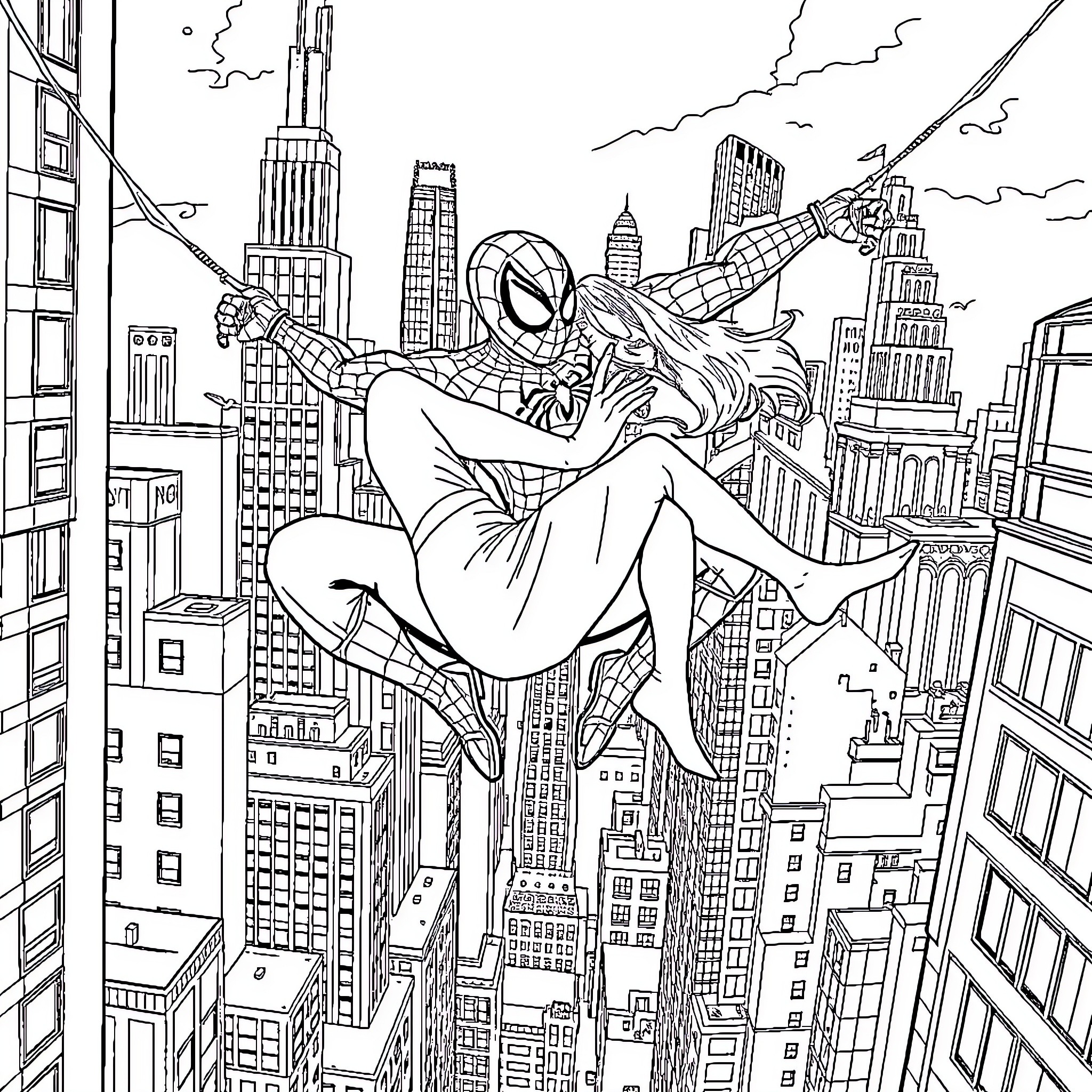 Spiderman swinging through New York City skyline Coloring Page (free black-and-white line drawing printable PDF for all, from beginners to advanced learners, including children, teens, adults, and seniors)