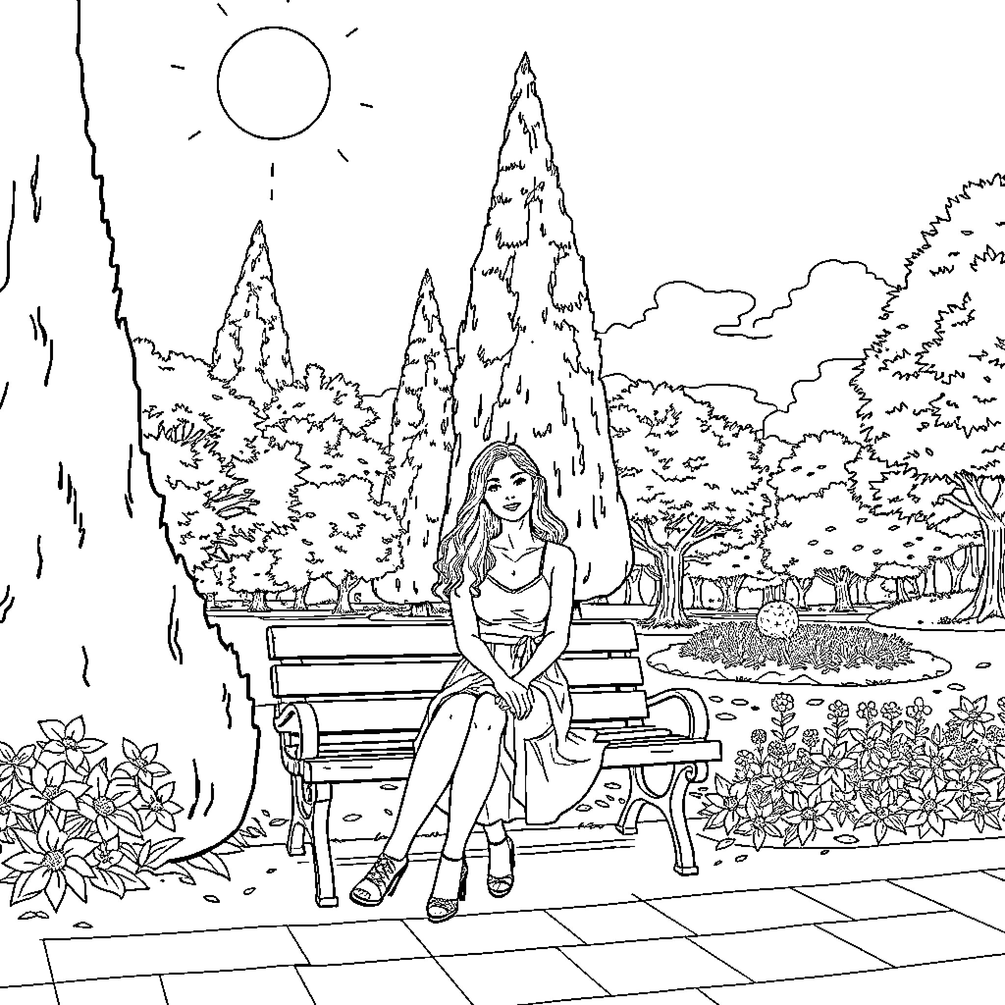 Adriana relaxing in a serene park landscape Coloring Page (free black-and-white line drawing printable PDF for all, from beginners to advanced learners, including children, teens, adults, and seniors)