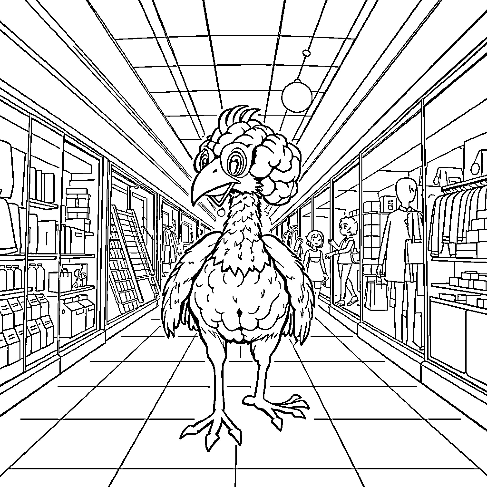 Griffin's Quirky Retail Adventure Coloring Page (free black-and-white line drawing printable PDF for all, from beginners to advanced learners, including children, teens, adults, and seniors)