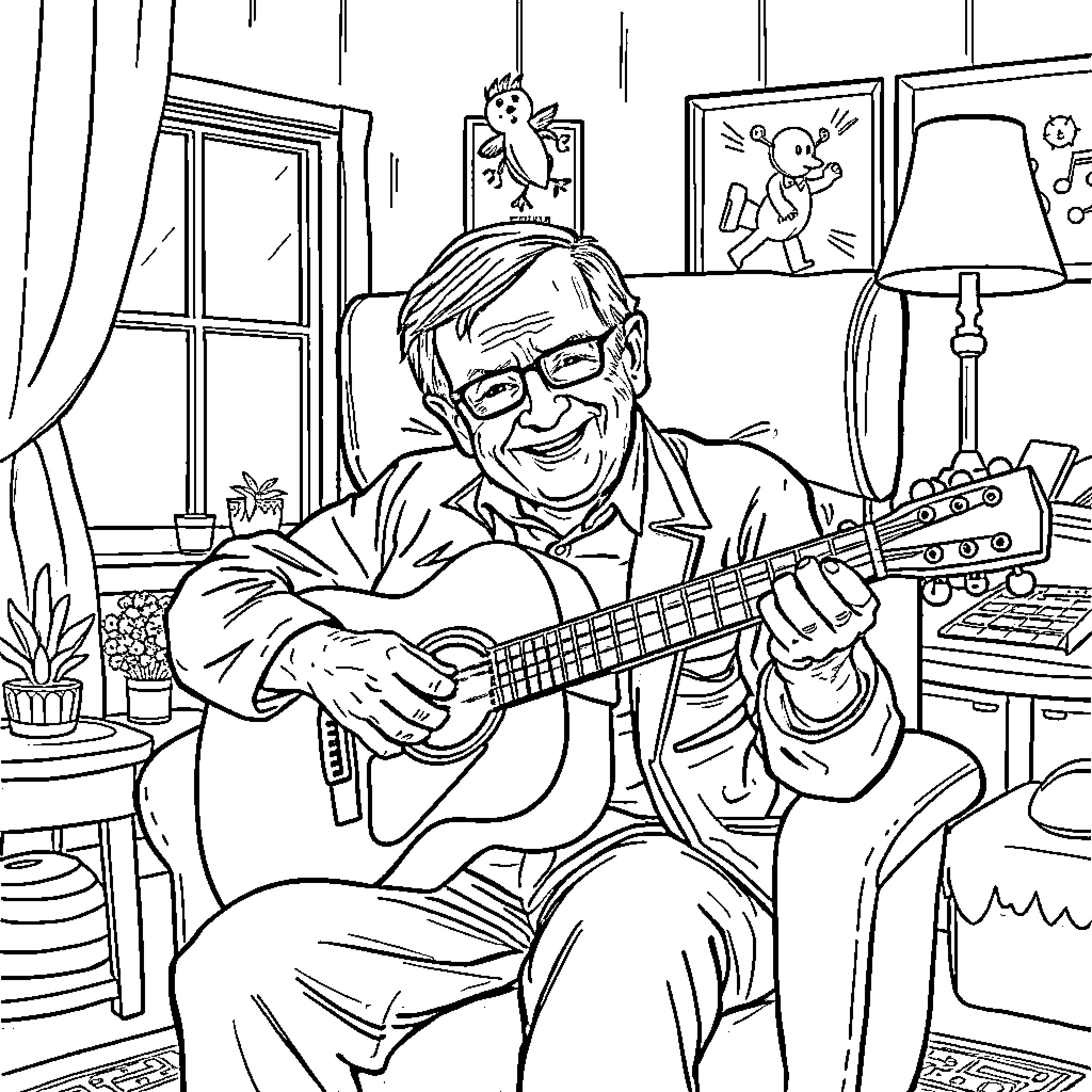 Steven Hawking Enjoying Music and Art in His Study Coloring Page (free black-and-white line drawing printable PDF for all, from beginners to advanced learners, including children, teens, adults, and seniors)