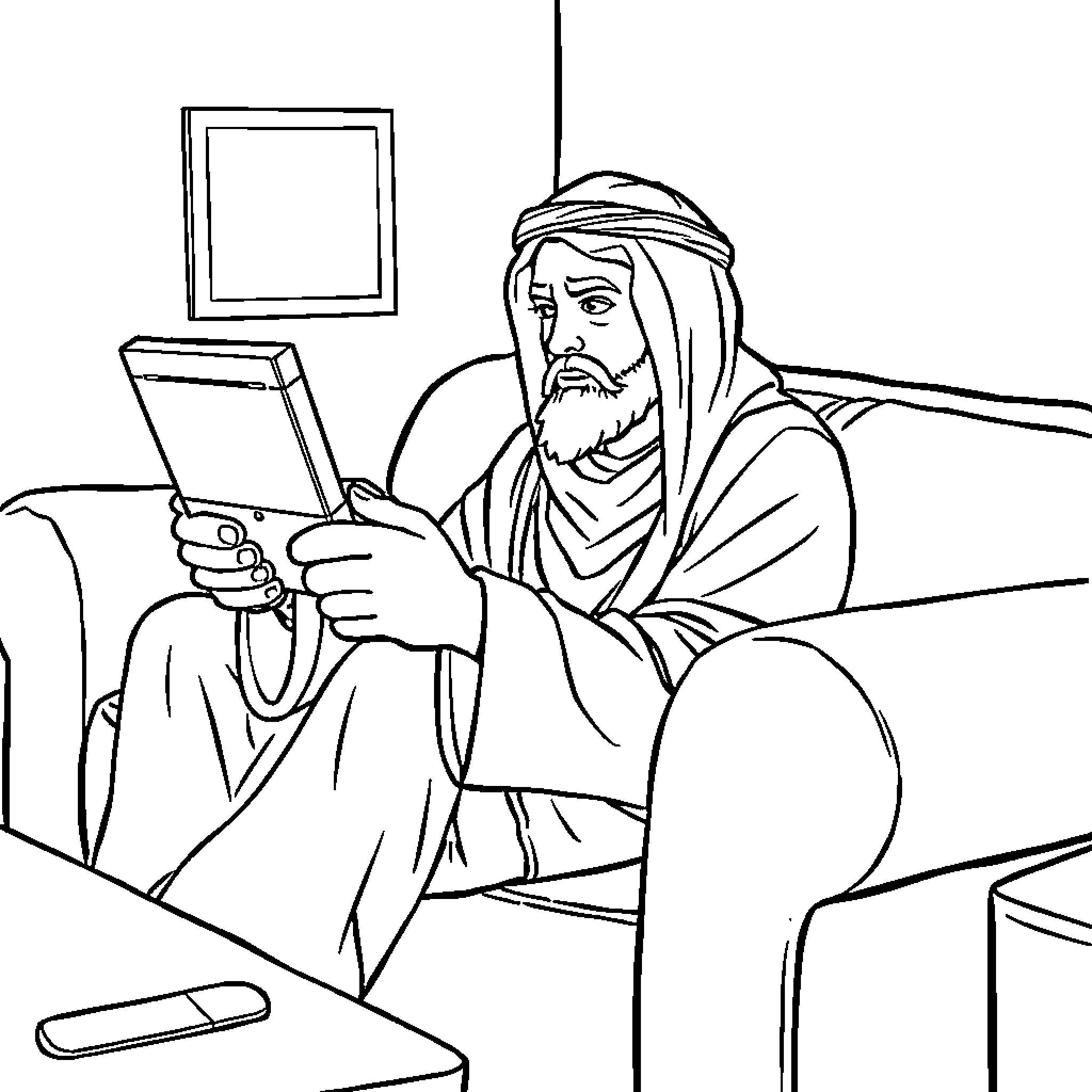 Rumi contemplating wisdom with digital device Coloring Page (free black-and-white line drawing printable PDF for all, from beginners to advanced learners, including children, teens, adults, and seniors)