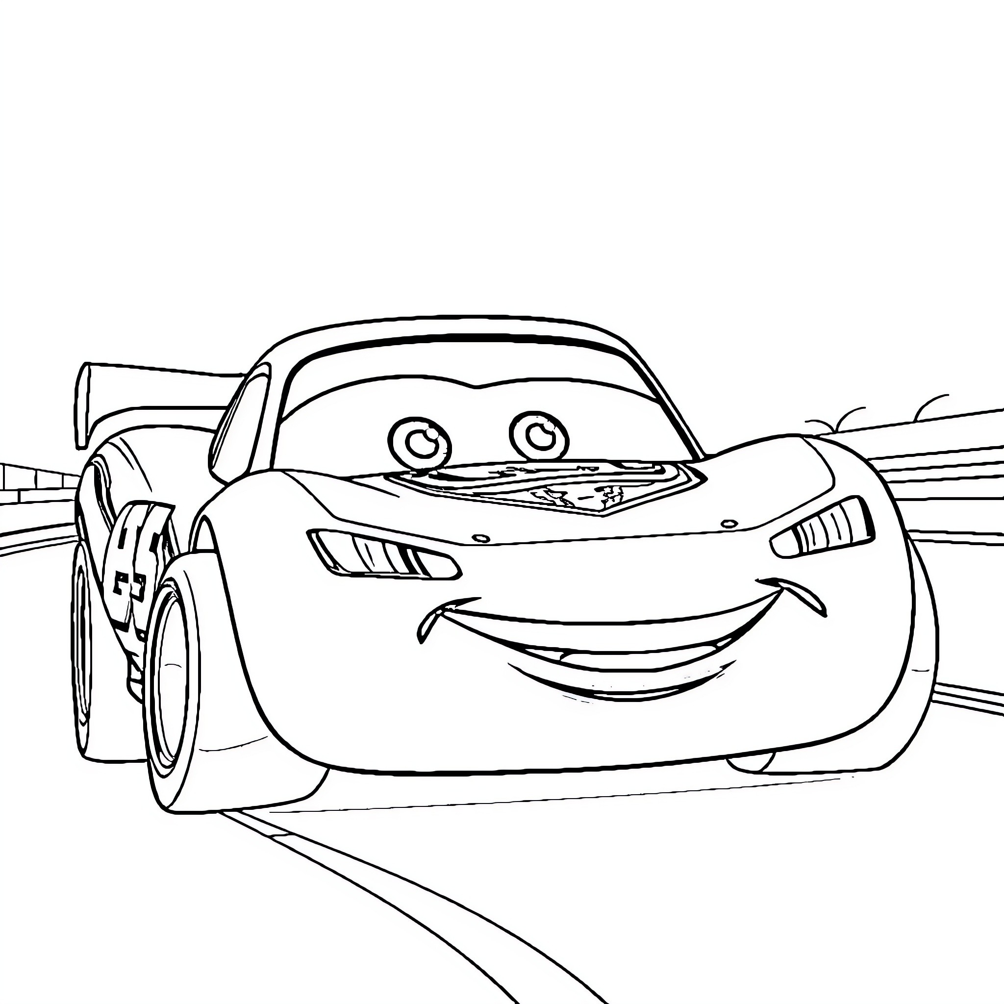 Lightning McQueen racing on the track Coloring Page (free black-and-white line drawing printable PDF for all, from beginners to advanced learners, including children, teens, adults, and seniors)